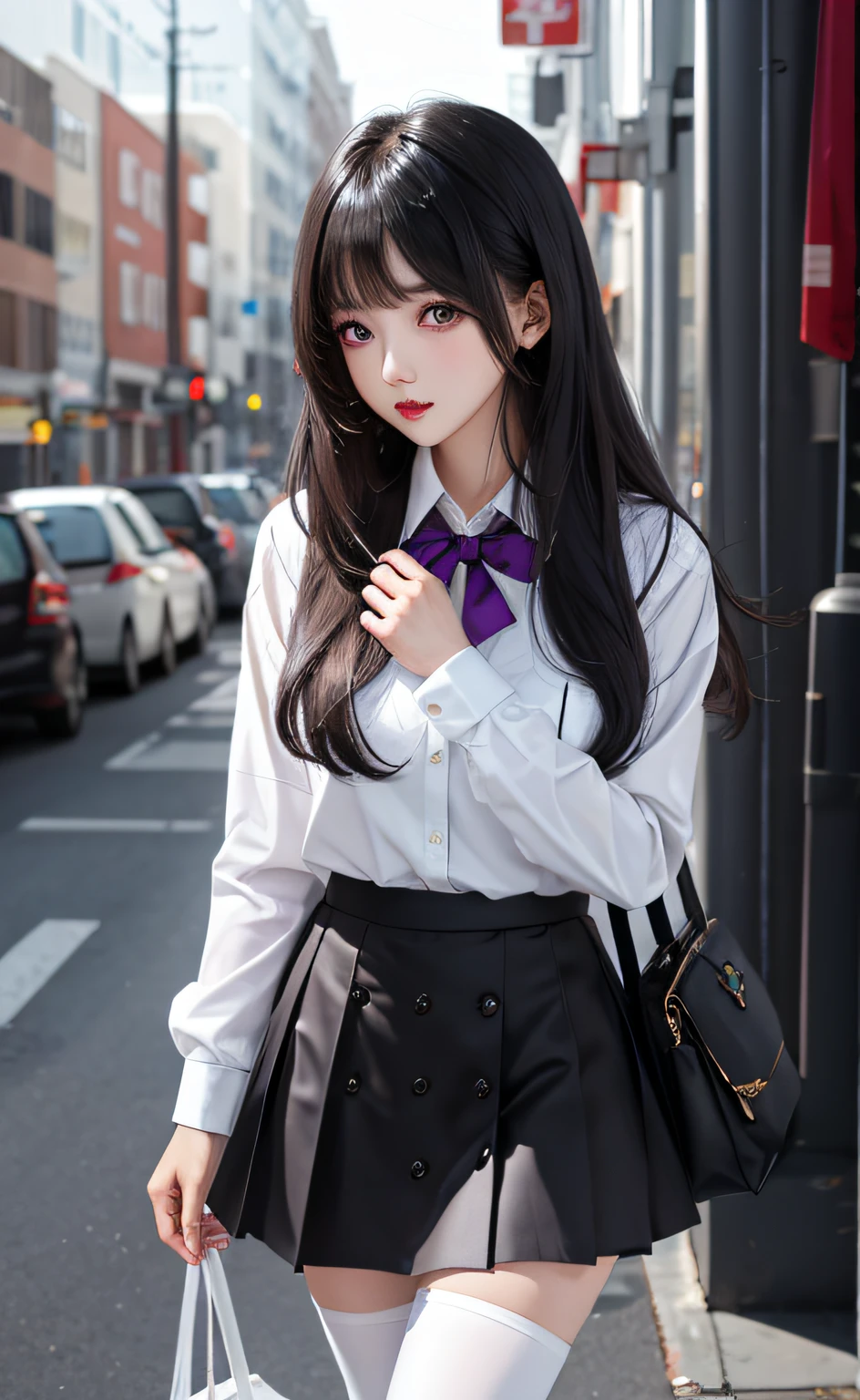 (tmasterpiece,best qualtiy,ultra - detailed,high detal:1.2),1girll,By bangs,black_hair,Blushlush,button_gap,huge_breasts,long_hair,looking_at_viewer,purple_eyes,school_uniform,The shirt,a skirt,独奏,sweat leggs,(white_pantyhose:1.25),full bodyesbian,(ulzzang-6500:0.9)