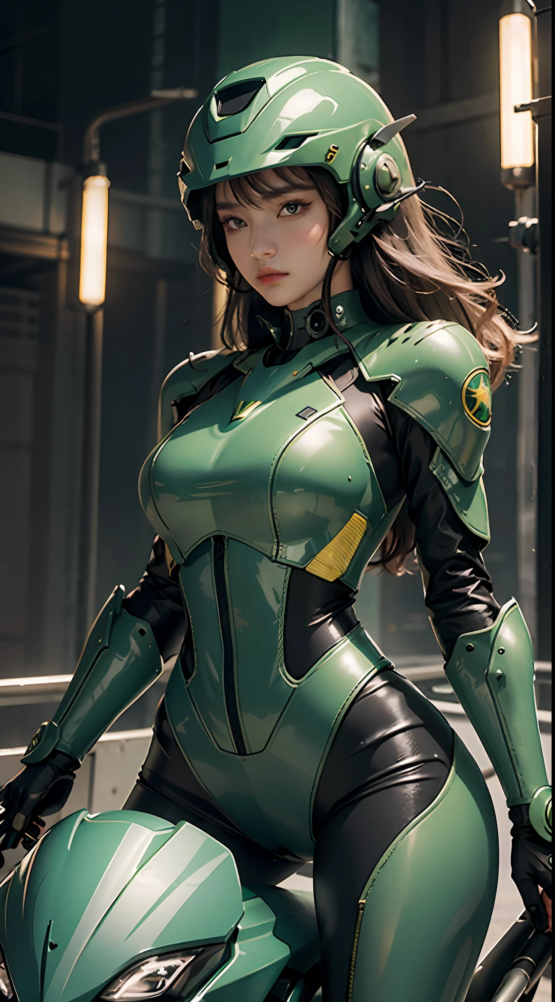 Highest image quality, outstanding details, ultra-high resolution, (realism: 1.4), the best illustration, favor details, highly condensed 1girl, with a delicate and beautiful face, dressed in a black and green mecha, wearing a mecha helmet, holding a directional controller, riding on a motorcycle, the background is a high-tech lighting scene of the future city.