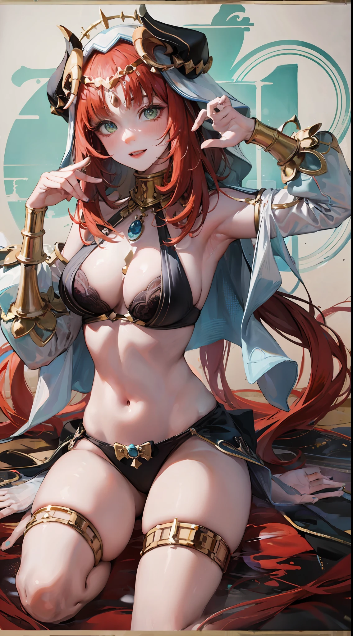 nilou ,red tinted hair,White silk shawl,Fleshy thighs,Poster publicity style,Simetall,C cup,Happy expression