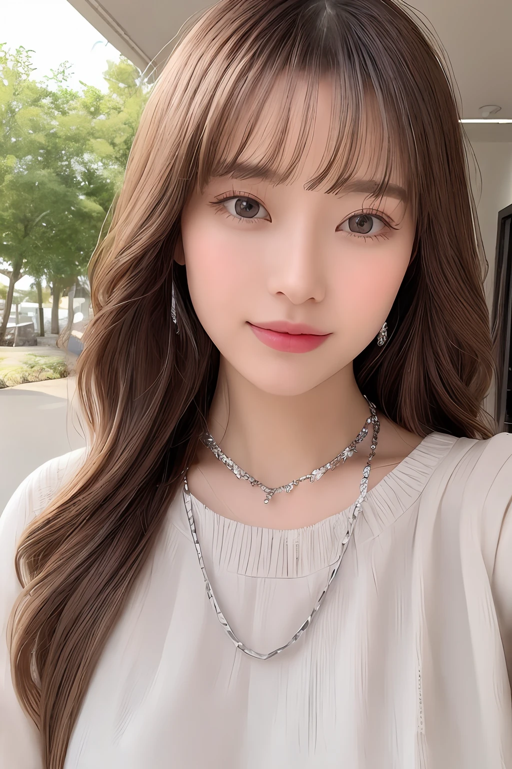 ((1girl in)),Light Brown Fringe Hair、Braided hair、disheveled hair、Light brown eyes、(dignified expression)、((Casual summer clothes))、(爆乳:1.4)、Emphasize the valley、fittingroom、Selfie、(Photorealsitic)、(intricate detailes:1.2)、(​masterpiece、:1.3)、(top-quality:1.4)、(超A high resolution:1.2)、超A high resolution、(A detailed eye)、(detailed facial features)、((Silver Necklace))