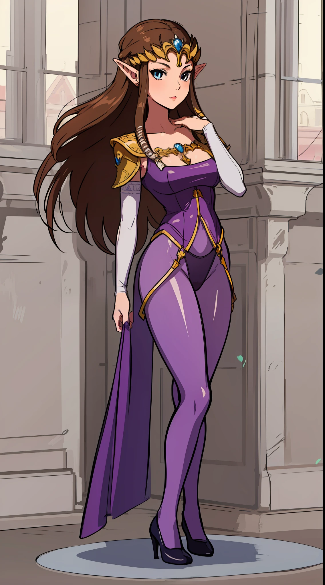 8K high quality, high accuracy, MILF, Princess Zelda, beautiful figure, beautiful face, small face, twilight princess, beautiful, bright, highlights in eyes, small ears, brown hair, super big breasts, beautiful line drawing. Black bunny suit, net tights on legs, shiny outfit, standing posture, eyes blue,