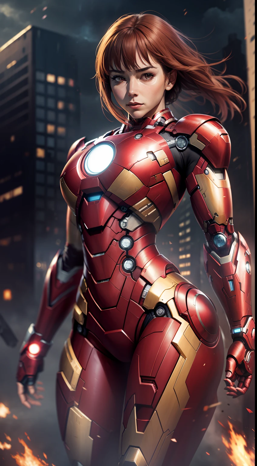 Masterpiece, best quality, female head, female version of Iron Man's body, background broken city