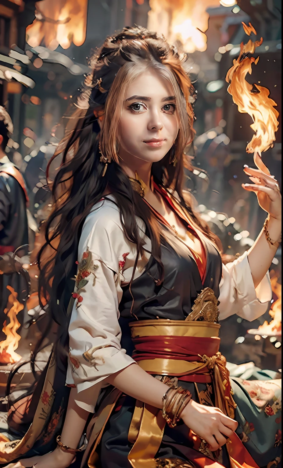 Best quality,masterpiece,ultra high res,(photorealistic:1.4)1girl,beautiful_face,detailed skin,full body,yuhuoshu,jewelry,solo,earrings,(fire:1.3),blurry,realistic,lips,