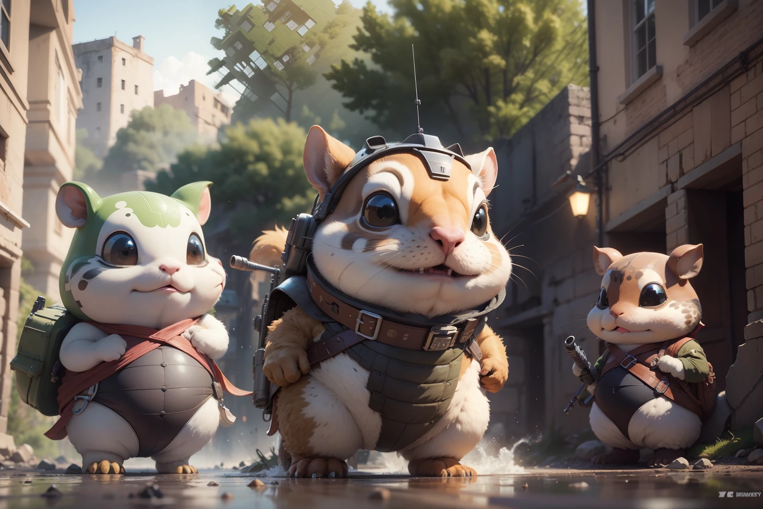 anthropomorphic turtle,Q version,Cute and cute,hairy pubic,(Humpty chipmunk squad:1.4),helmet,battle garment,guns,combats,run,tanks,opening fire,Cartoon 3D,outside,A city destroyed by artillery fire,Stones,Collapsed walls,standing water,The hair is meticulously depicted,Dynamic lines,Works of masters,tmasterpiece,super-fine,Detailed pubic hair,Accurate,dynamic viewing angle