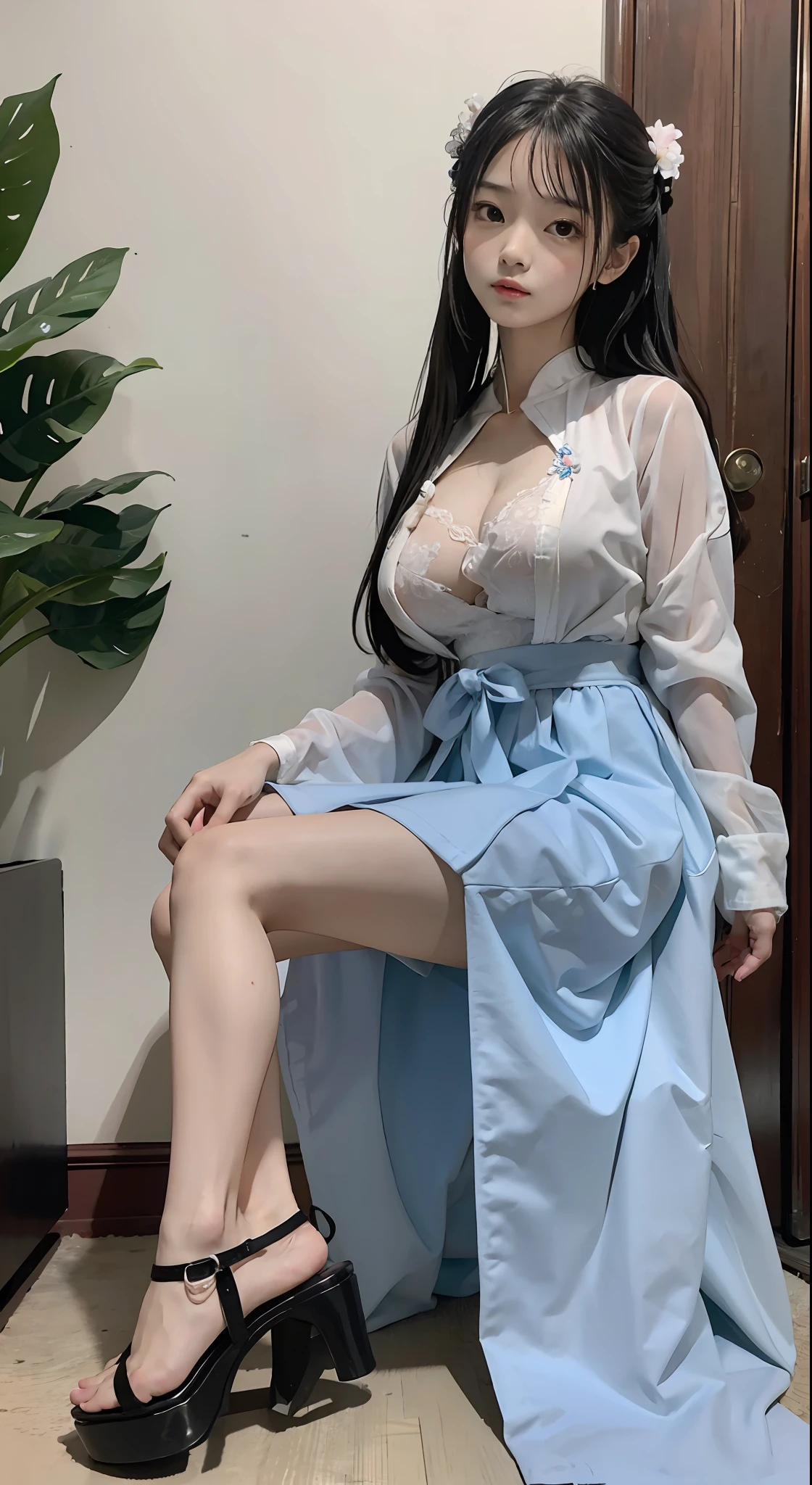 Master quality, highest quality, best picture quality, exaggerated details, a cute 8 year old asian with a shy expression, slightly squinted eyes, adjusting her hair, long eyelashes (long hair / very, very exaggerated big breasts, big tits / in petticoat dress tissue, ), posing sit in front of the camera, wet breast hanfu open v chest clothes, full body xianxia, high heel diamond, erotic, flower detail
