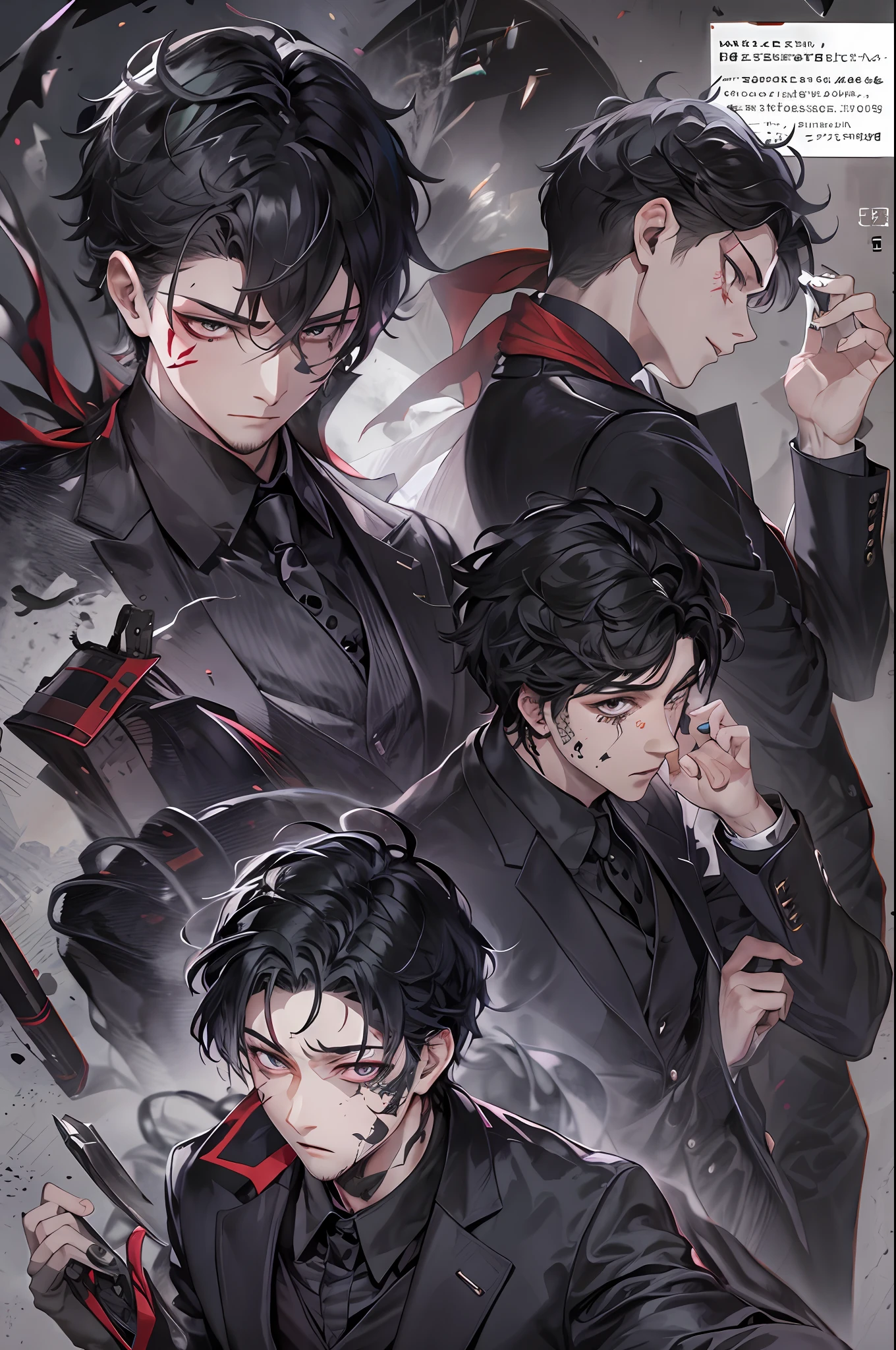 Best quality, 1 man,handsome,Black pupils,Short black hair, Deep sunken eyes, Indifferent expression, Teardrop birthmark under the left eye, wearing black suits, Dark red shirt, dark grey tie, Often carry folding knives with black bone handles, A high resolution