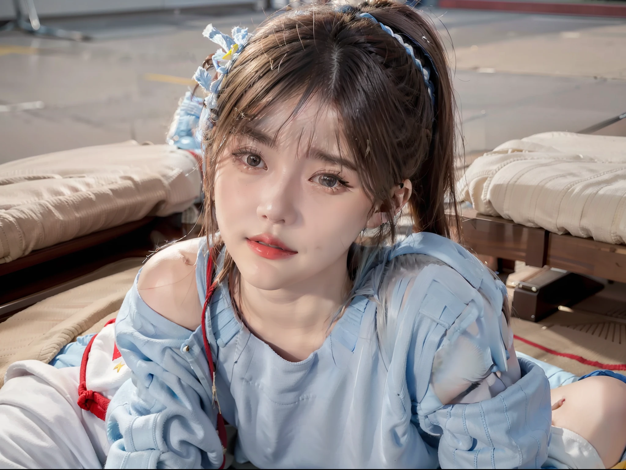 Blue double ponytail,Perfect face shape,Extra-large eyes like to talk,Red lips smile,slightly red face,Yellow plush sweater,White pleated skirt,Long legs sit on the ground,facing to audience,Pose for a photo,Perfect light