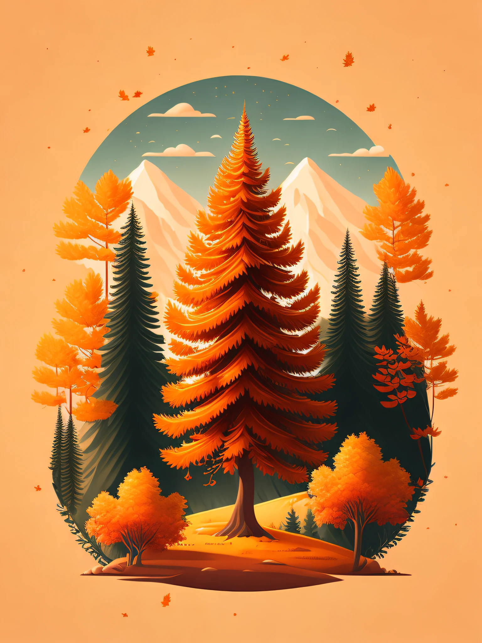 A spruce tree in the autumn landscape,T-shirt design,rzminjourney,vectorial art