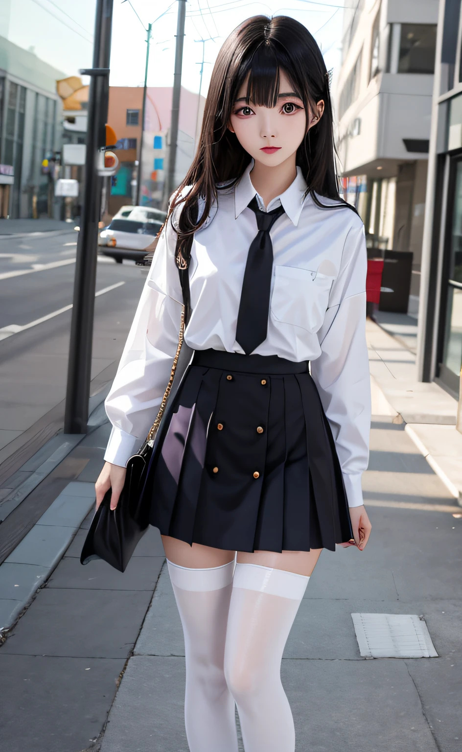(tmasterpiece,best qualtiy,ultra - detailed,high detal:1.2),1girll,By bangs,black_Hair,Blushlush,Button_the gap,Huge_Breasts,Long_Hair,Looking_at_peeping at the viewer,purple_Eyes,school_uniform,The shirt,a skirt,独奏,sweat leggs,(White_Pantyhose:1.25),full bodyesbian,(Ulzzang-6500:0.9)