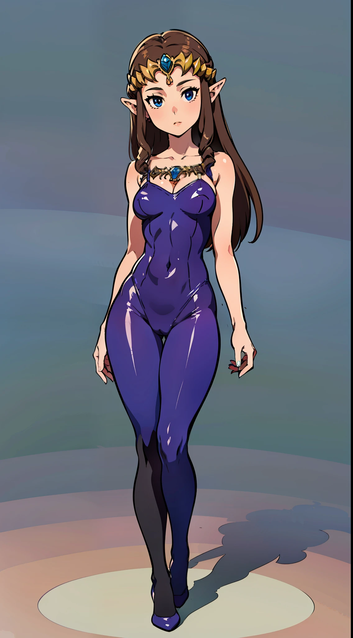 8K high quality, high accuracy, MILF, Princess Zelda, beautiful figure, beautiful face, small face, twilight princess, beautiful, bright, highlights in eyes, small ears, brown hair, super big breasts, beautiful line drawing. Black bunny suit, net tights on legs, shiny outfit, standing posture, eyes blue,