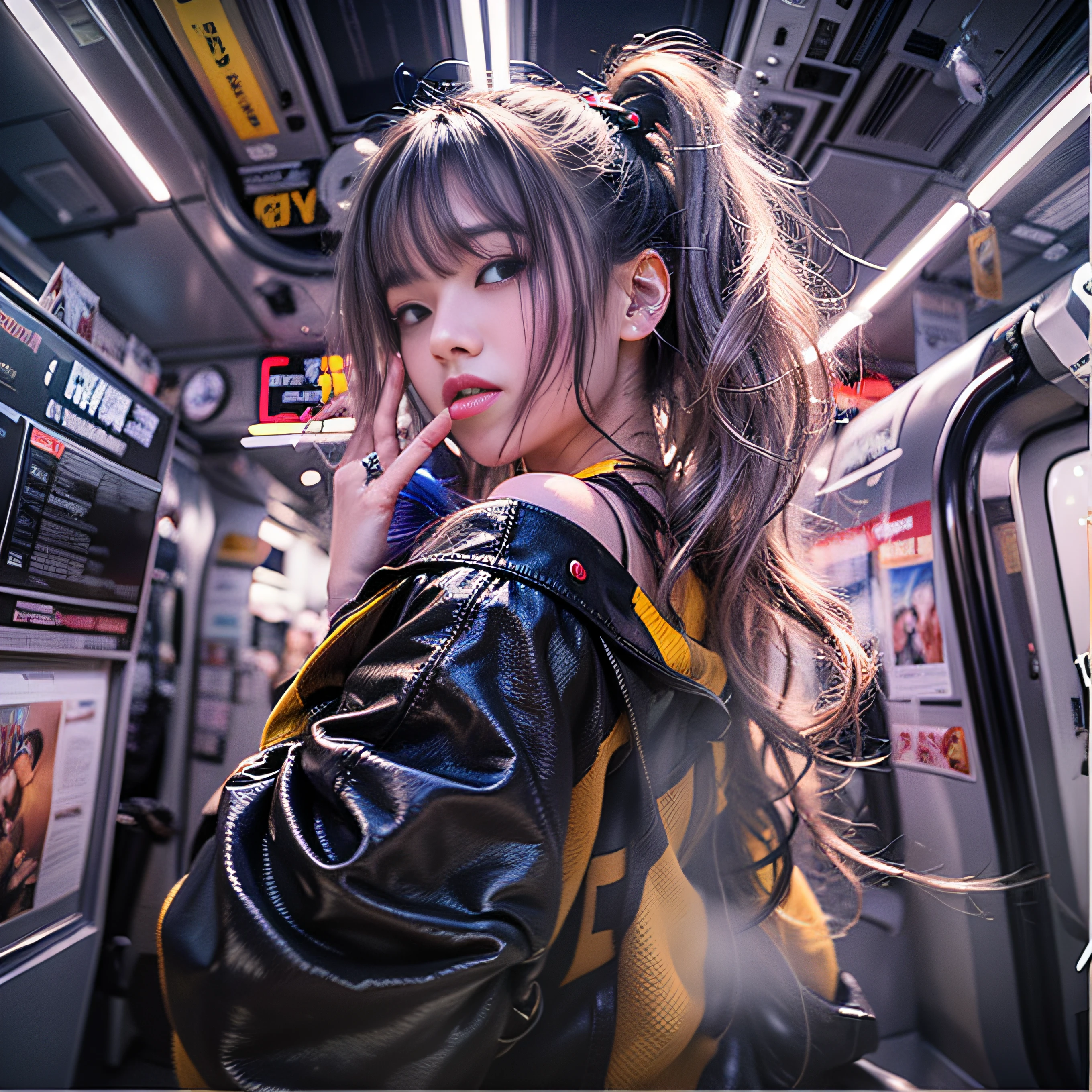 8K, RAW Photos, top-quality, ​masterpiece: 1.2),fish-eye lens、(((Wide View)))、on train、fish-eye lens、look at a camera、Cool pose、Hair disheveled in the wind、fully body photo、Red or orange neon、Cyberpunk movies、Raw photo of beautiful Korean 20 year old woman、Half Face、deep in the night、darkened room、hightquality、More skin、Lustrous skin、clearface、cinema shot、nffsw、foco nítido