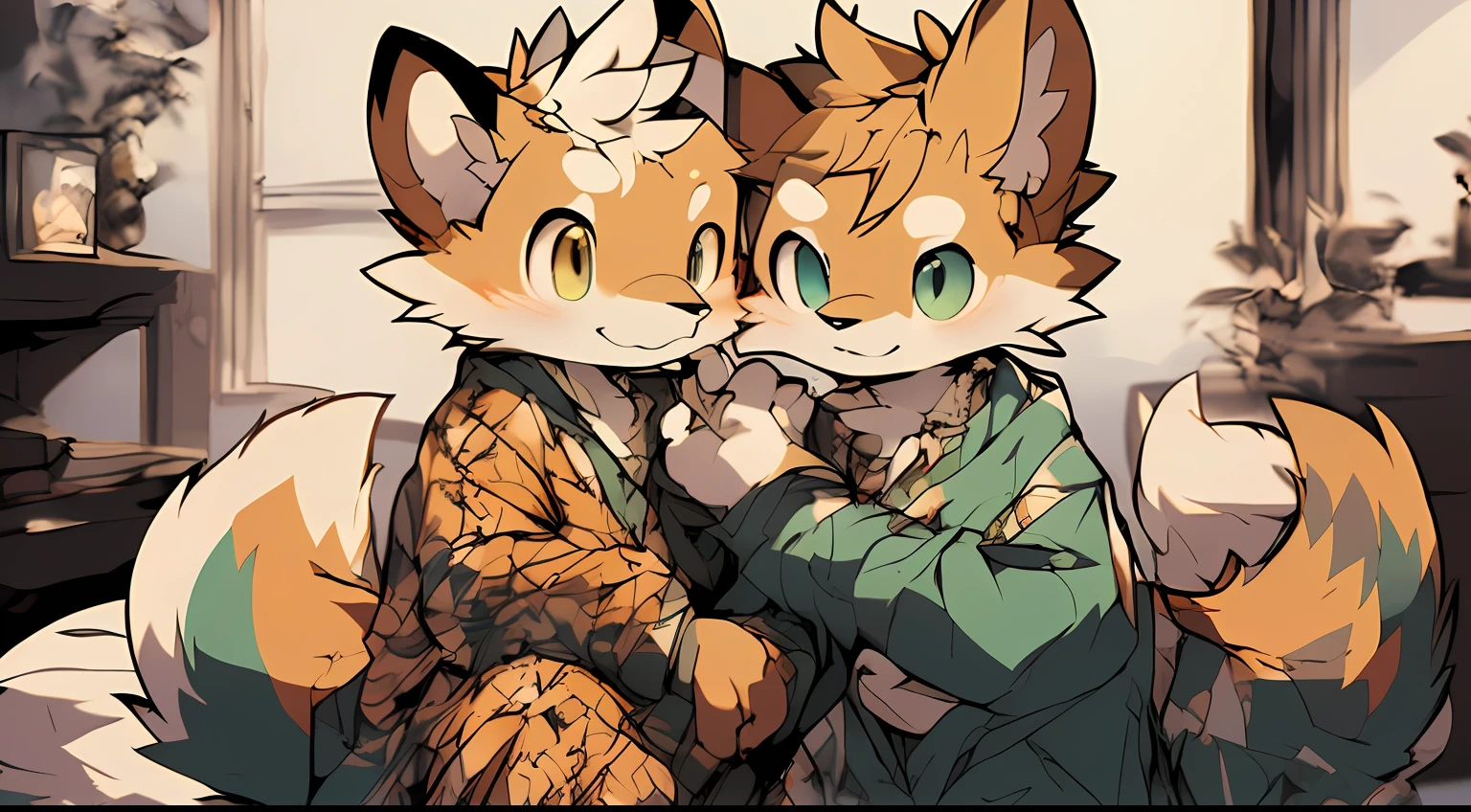 Style picture of two squirrels in pajamas holding on bed, Shota,large tail,commission on furaffinity, very very beautiful furry art, furaffinity commission, squirrels, jazza and rossdraws, Furry art!!!, zerochan art, Colorful Squirrel City, Detailed fanart, fursona art, wearing fancy clothes, furry tail,