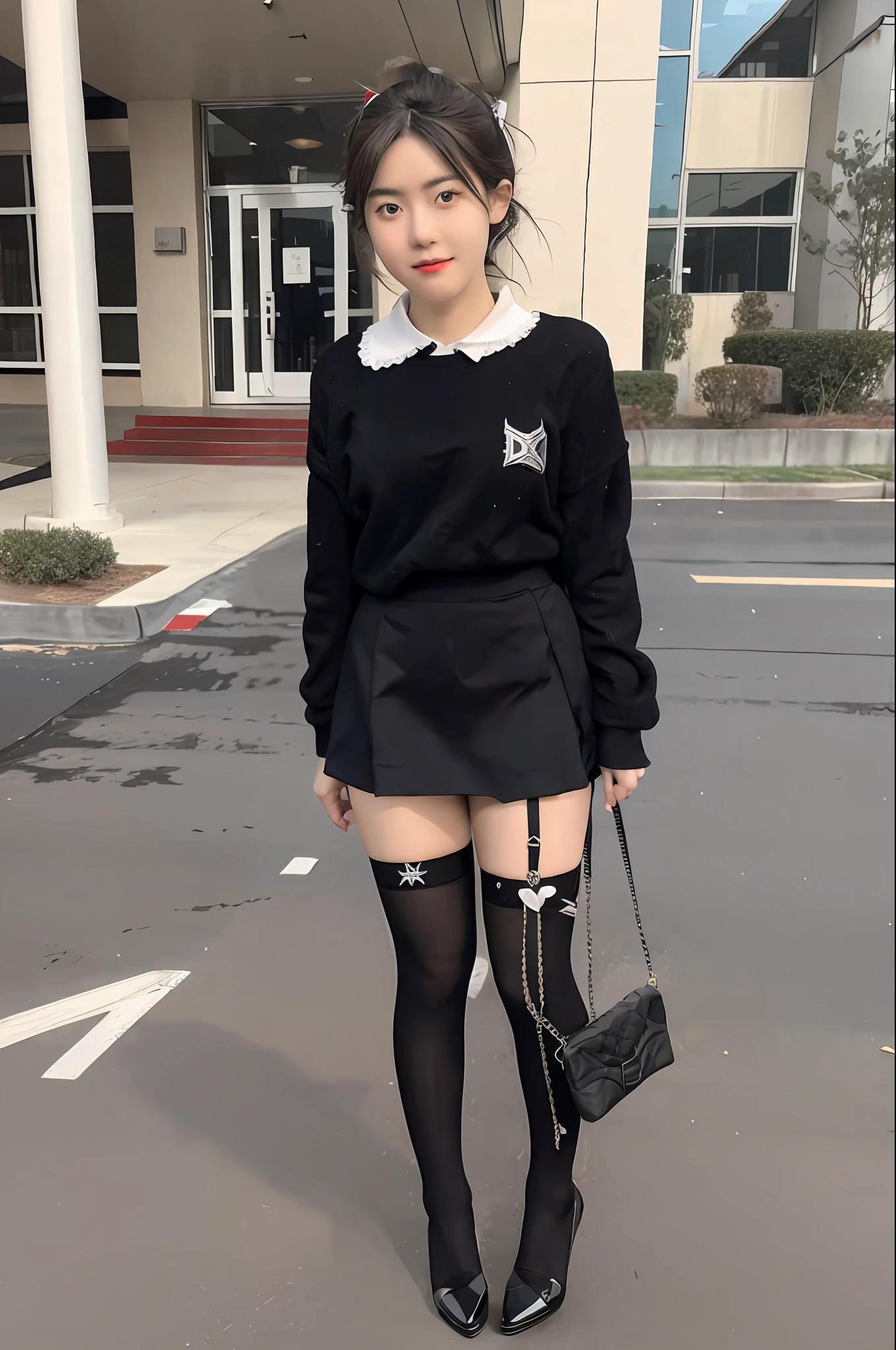 Black heels（Tie with a bow），black lence stockings，Japanese high school girls' uniform，a sailor suit，short  skirt，Realisticstyle，Photo style，Fine face，short detailed hair，Chinese a  standing in front of her high school，Rich background，16:9，Full body photo，Beautiful face，Rich facial expressions，Like real photos，beauitful face，Very white，Like a star，Carrying a valuable bag in his hand