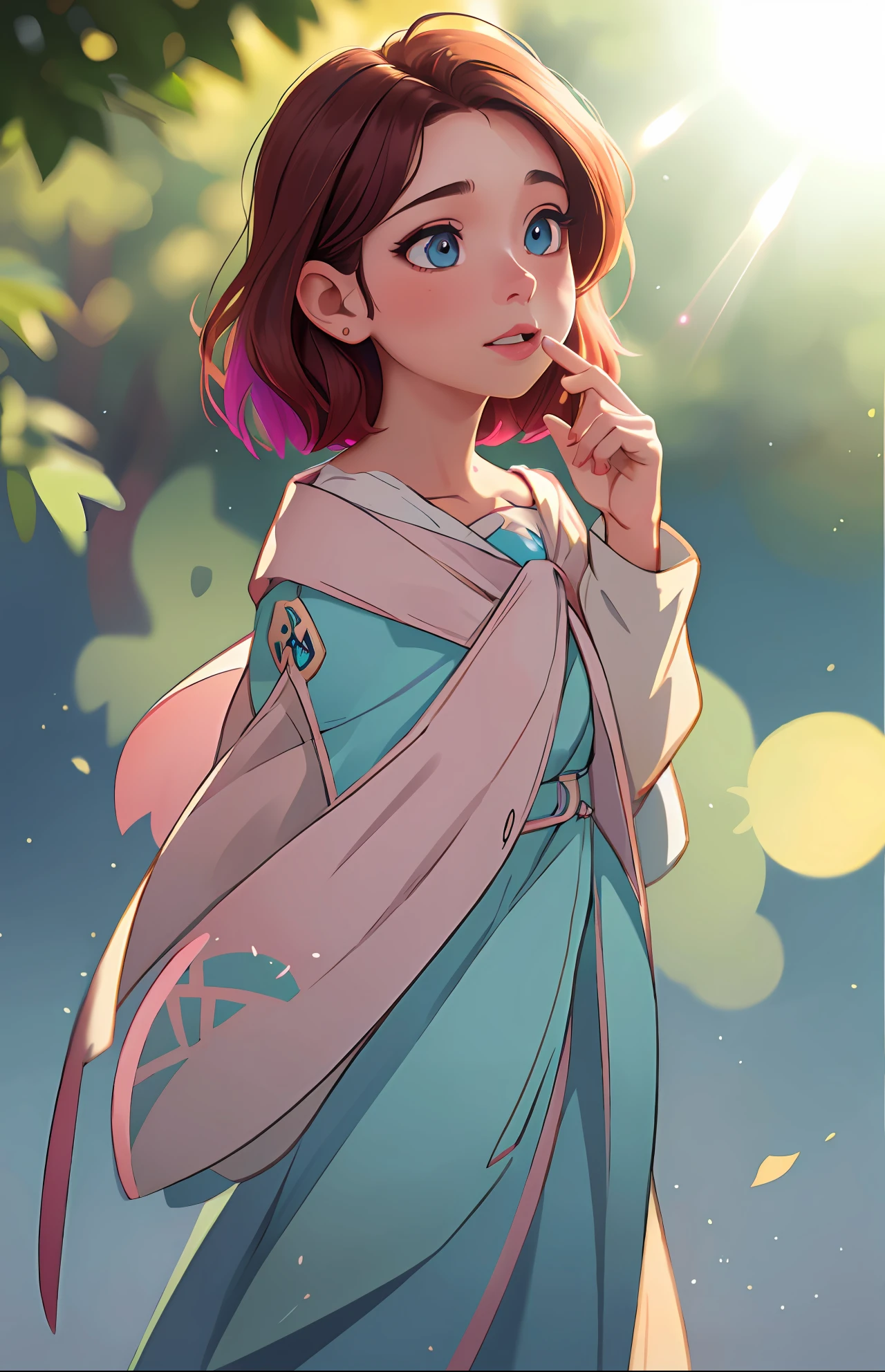 cartoon girl with blue eyes and pink hair holding her finger to her lips, loish art style, kawaii realistic portrait, cute art style, realistic artstyle, stylized anime, cute detailed digital art, detailed digital anime art, 8k artgerm bokeh, cute portrait, realistic anime 3 d style, digital anime illustration, realistic art style, realistic anime artstyle