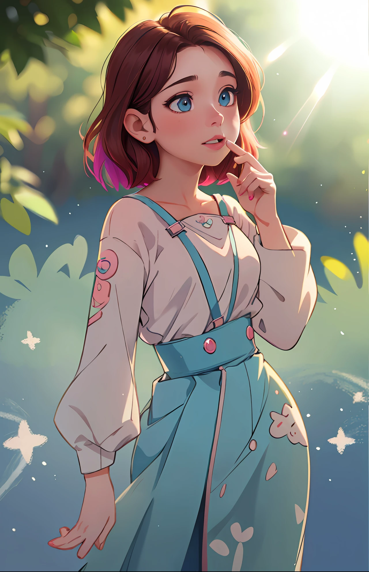 cartoon girl with blue eyes and pink hair holding her finger to her lips, loish art style, kawaii realistic portrait, cute art style, realistic artstyle, stylized anime, cute detailed digital art, detailed digital anime art, 8k artgerm bokeh, cute portrait, realistic anime 3 d style, digital anime illustration, realistic art style, realistic anime artstyle