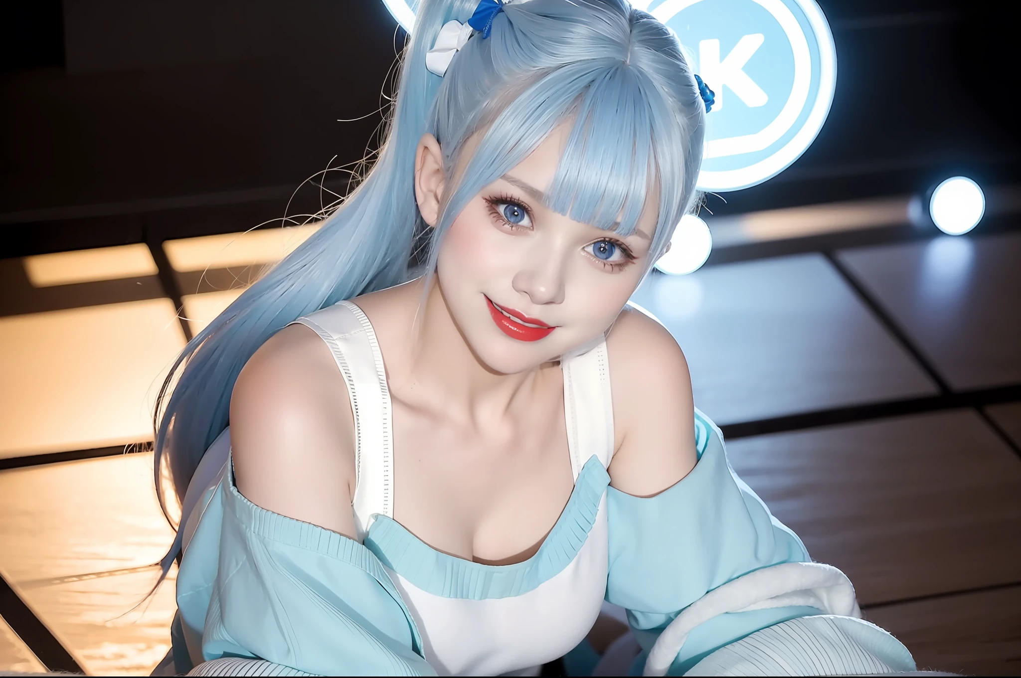 Blue double ponytail,Perfect face shape,Extra-large eyes like to talk,Red lips smile,slightly red face,Yellow plush sweater,White pleated skirt,Long legs sit on the ground,facing to audience,Pose for a photo,Perfect light