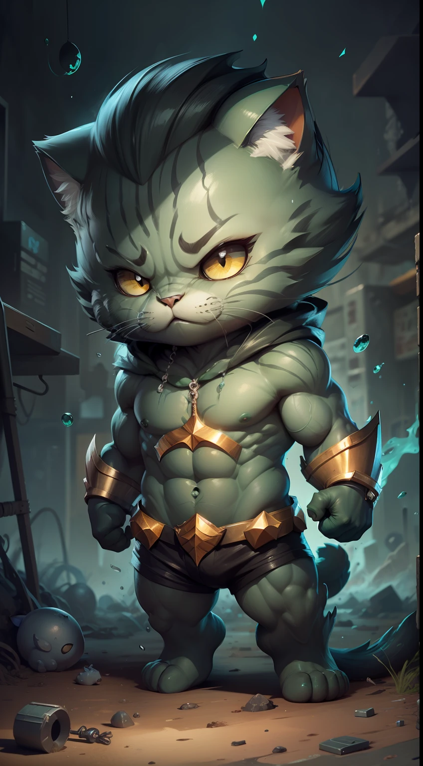c4tt4stic, aquaman, green,full body,cat, black eyes, building bacground