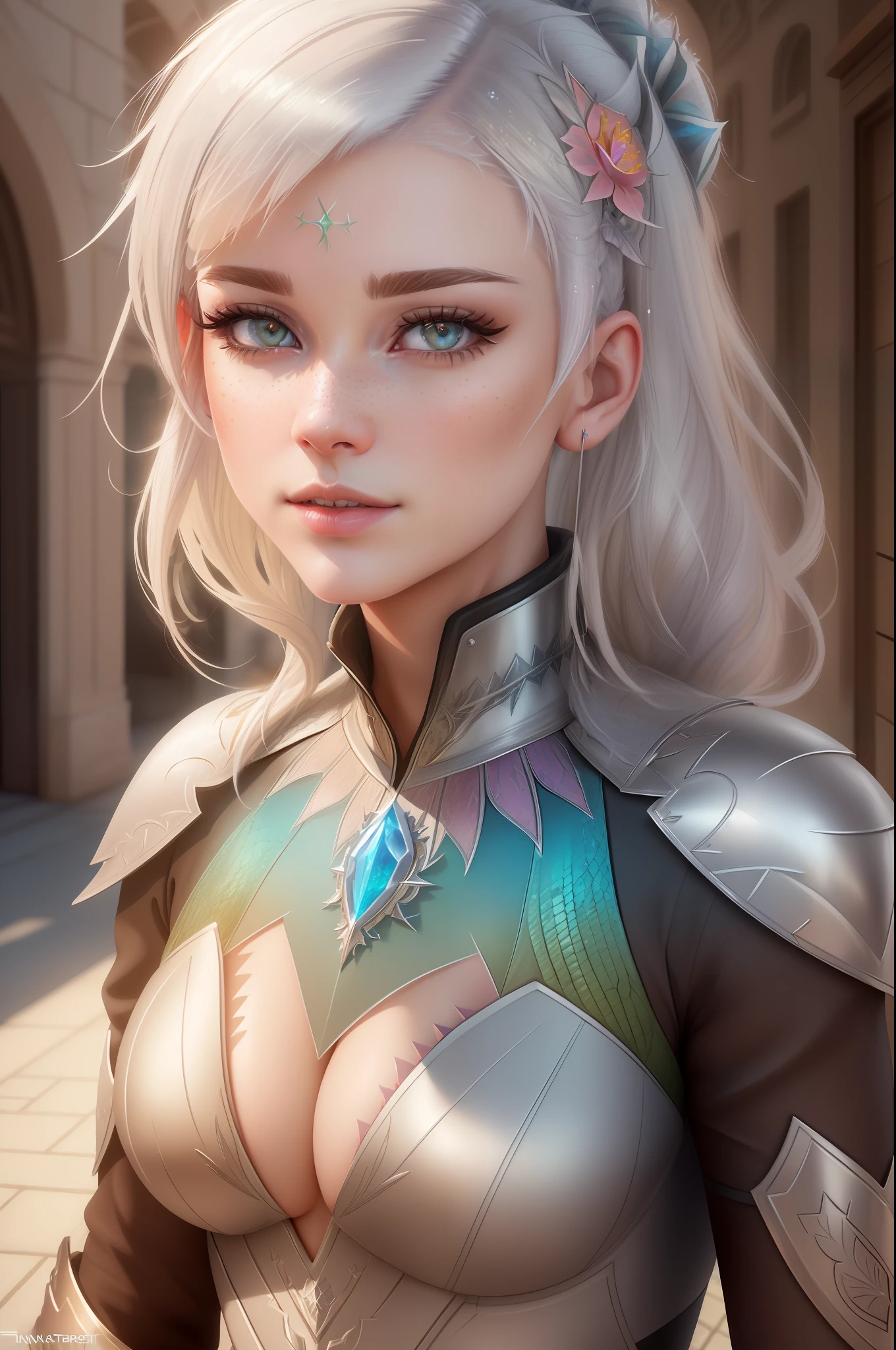 hyper realistic, ultra detailed photograph of a beautiful female-lizard hybrid, attractive, white hair, detiled armor, shiny, sunlight fractal details, (Anna Steinbauer:1.5), depth of field, HOF, hall of fame, detailed gorgeous face, apocalyptic environment, natural body posture, professional photographer, captured with professional DSLR camera, trending on Artstation, 64k, ultra detailed, ultra accurate detailed, bokeh lighting, surrealism, Thomas Kinkade background, urban, ultra unreal engine, ((Pauline Voß)), ((Pascal Quidault)), ((Anna Helme)), Martina Fackova, intricate, epic, freckles, peach fuzz, detailed mascara,