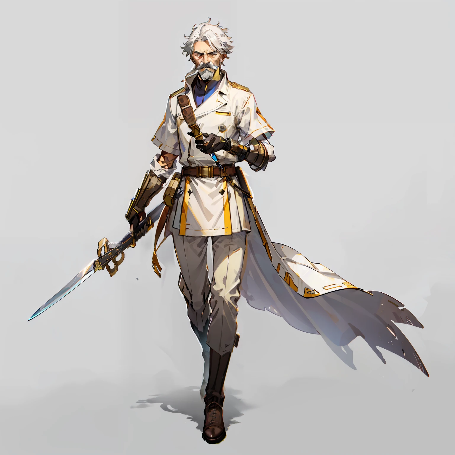 forerunner, old man, Brownish, No background, White background, Holding a wand, Holding a knife, Eyes closed, White hair, Full body shot, long boots, hickory, short hair, mustache, One leg is a prosthetic leg