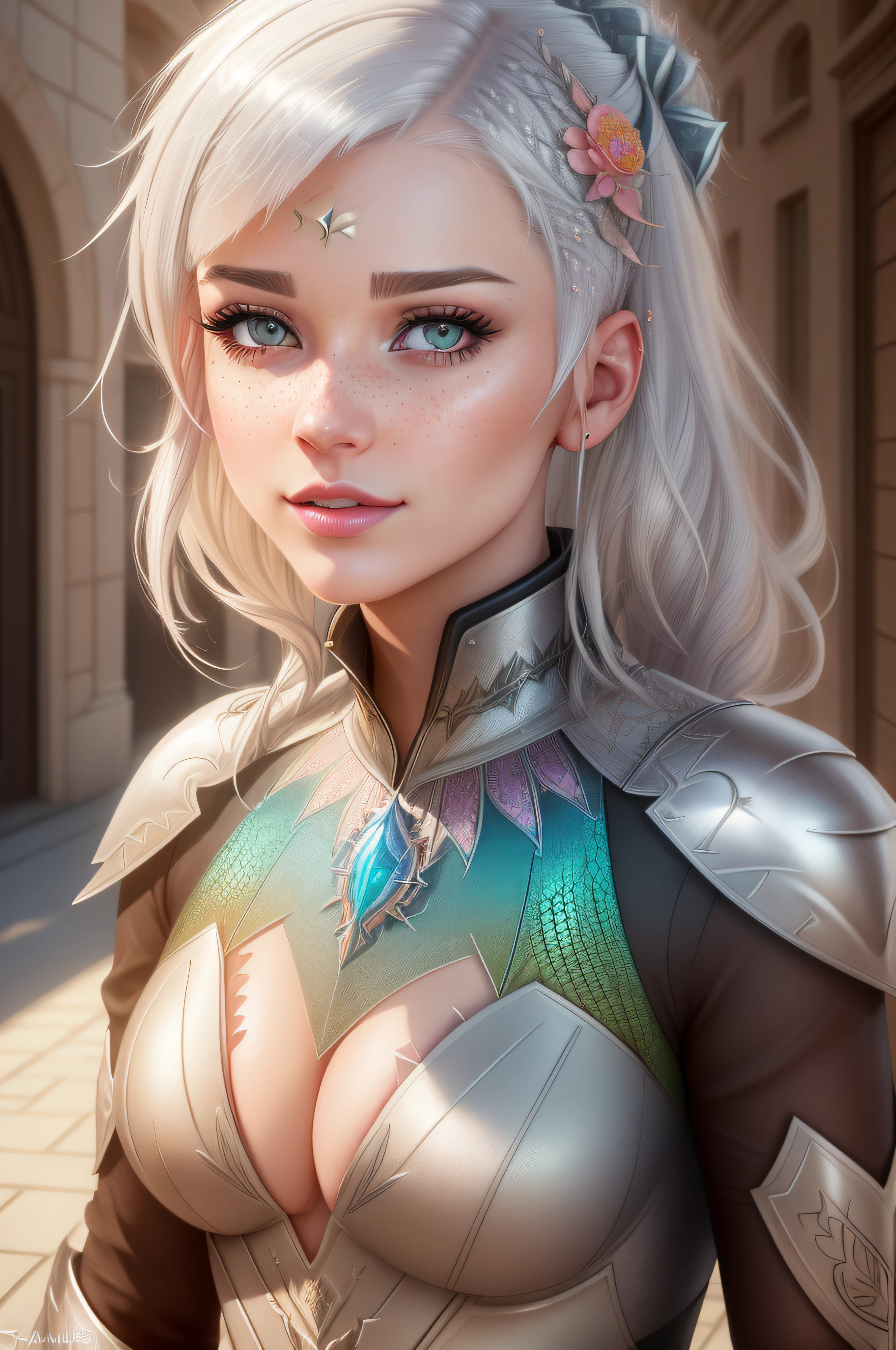 hyper realistic, ultra detailed photograph of a beautiful female-lizard hybrid, attractive, white hair, detiled armor, shiny, sunlight fractal details, (Anna Steinbauer:1.5), depth of field, HOF, hall of fame, detailed gorgeous face, apocalyptic environment, natural body posture, professional photographer, captured with professional DSLR camera, trending on Artstation, 64k, ultra detailed, ultra accurate detailed, bokeh lighting, surrealism, Thomas Kinkade background, urban, ultra unreal engine, ((Pauline Voß)), ((Pascal Quidault)), ((Anna Helme)), Martina Fackova, intricate, epic, freckles, peach fuzz, detailed mascara,