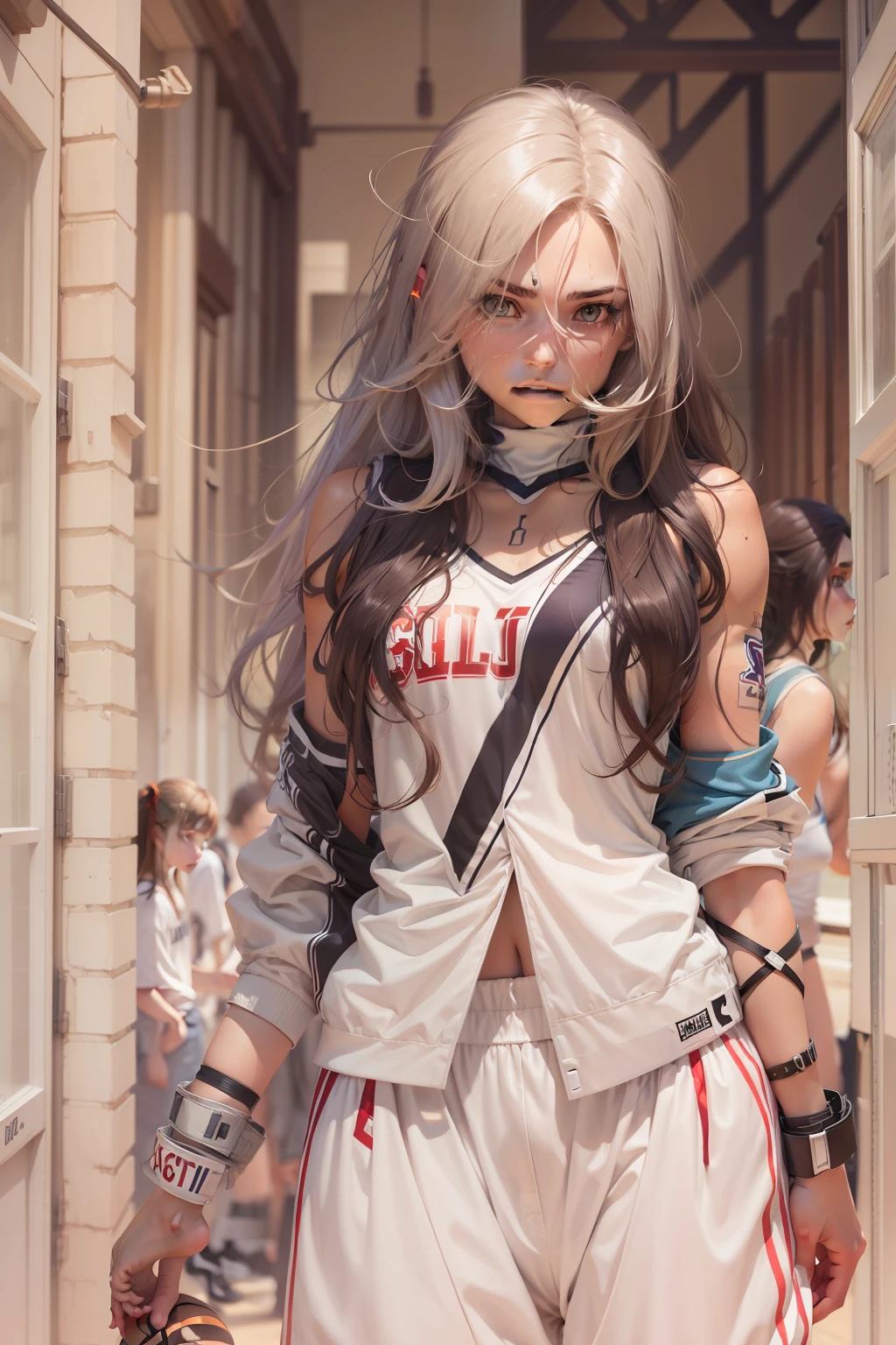 3girl， （Solo exhibition：1.2）， （（tmasterpiece））， （shadowing）， [slim]， （little breast）， （Thick lines）， （（Sharp focus））， focus-on， paleskin， （（Detailed eyes））， （Basketball Uniforms：1.3）， Armpits， external， basketball playground， gyuru， brunette color hair， （（long whitr hair））， scars in the face， （sweat leggs）， Wristbands， shorter pants， bare arm