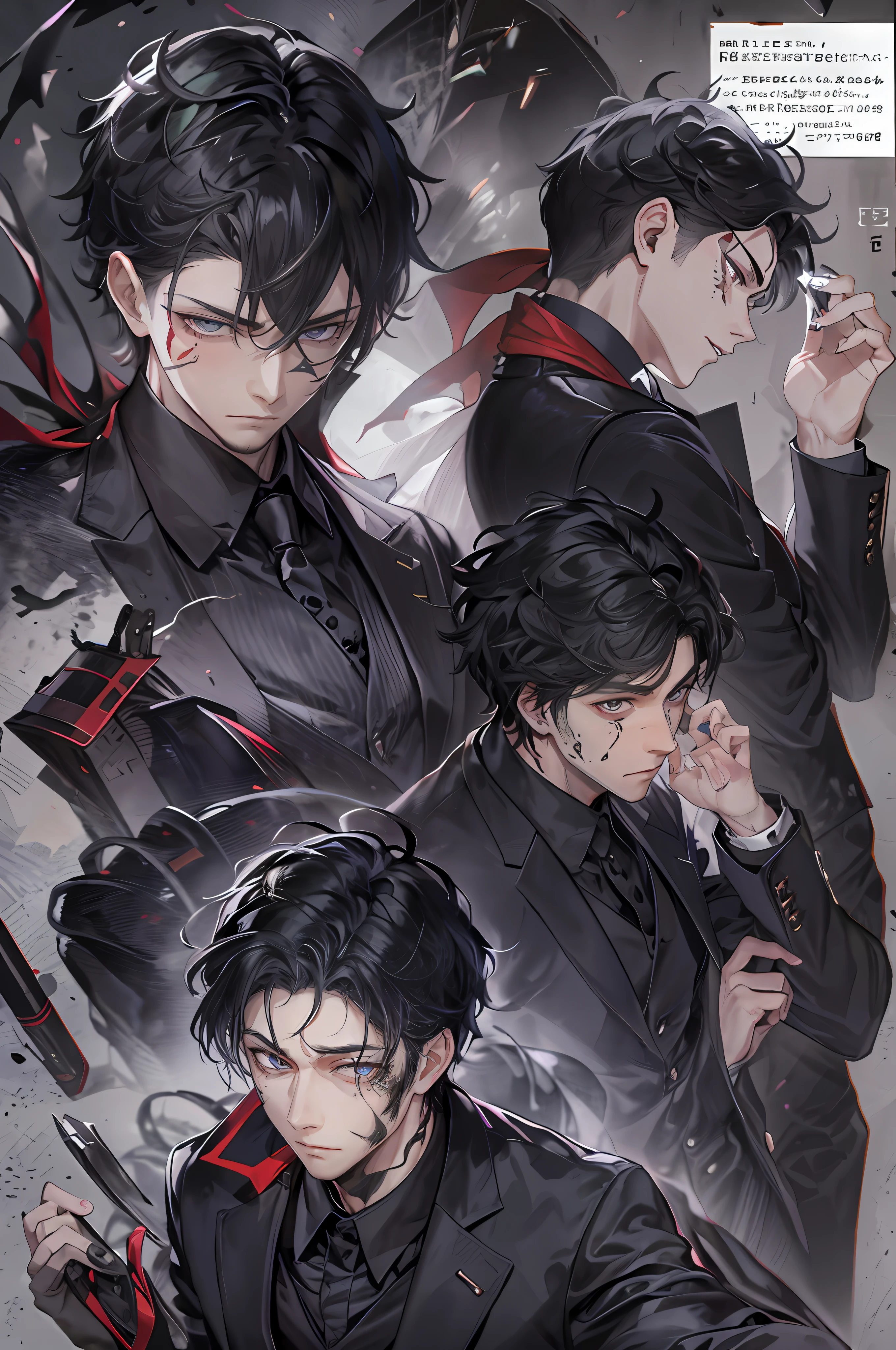 Best quality, 1 man,Handsome,Black pupils,Short black hair, Deep sunken eyes, Indifferent expression, Teardrop birthmark under the left eye, wearing black suits, Dark red shirt, dark grey tie, Often carry folding knives with black bone handles, A high resolution