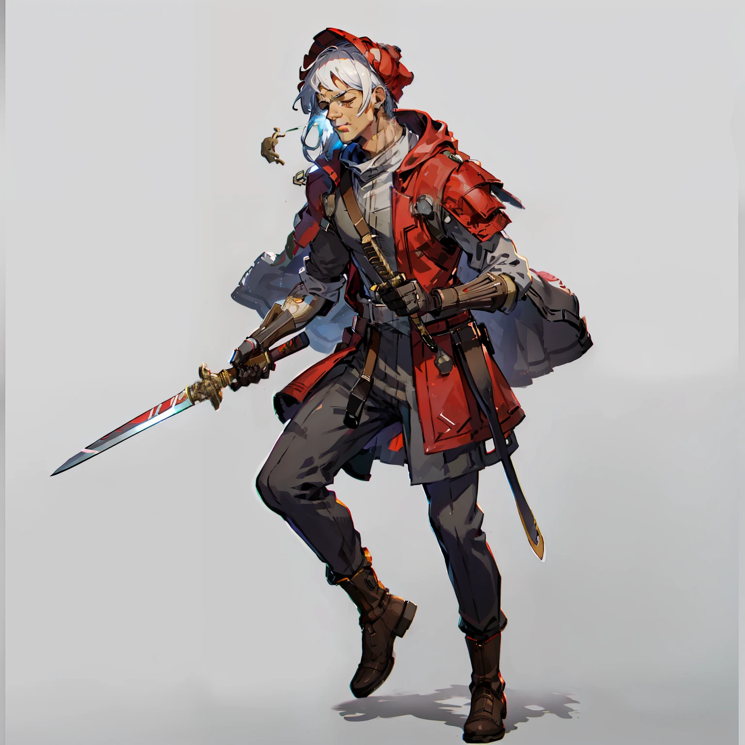 forerunner, Man's, Old Man, Red and brown, No background, White background, Holding a wand, Holding a knife, Eyes closed, White hair, full body shot, boots,