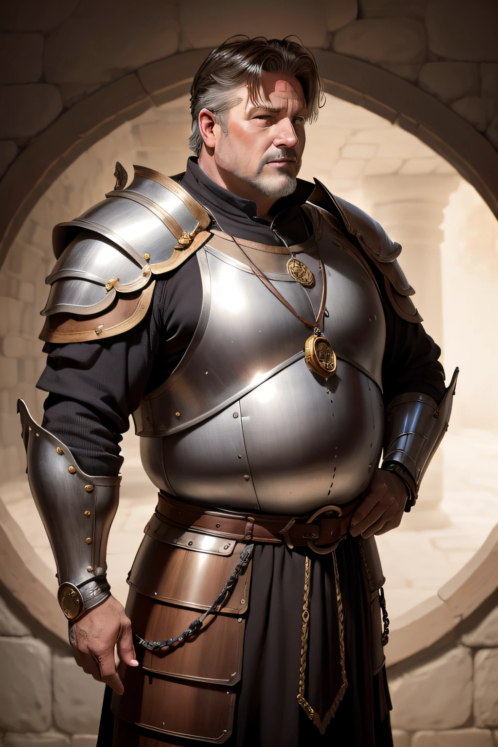 A 50-year-old man in well-fitted medieval protective armor, not overly obese, with a rich brown color and embellished with a circular pendant.