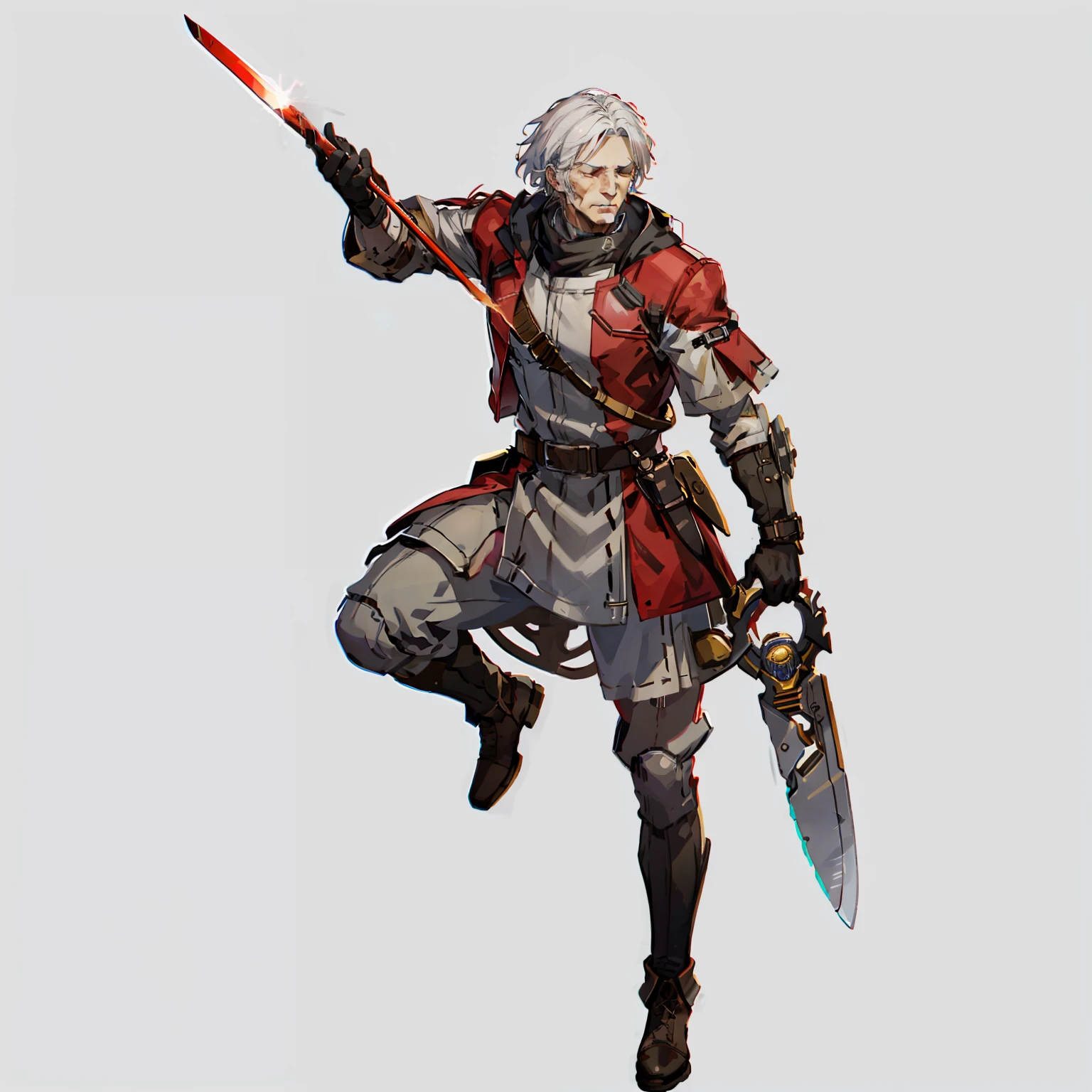 forerunner, Man's, Old Man, Red and brown, No background, White background, Holding a wand, Holding a knife, Eyes closed, White hair, full body shot, boots,