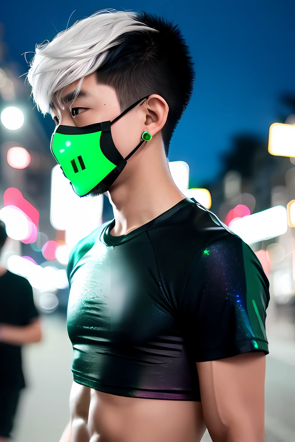 ((black angle)) RAW photo of a skinny Asian ((boy)), futobot, mouth mask, (cyborg), flat chested, (black shimmer hair, green eyebrow), glowing hair, (iridescent white hair), earrings, bangs, mask, walking in public, ((night time)), bokeh, neon light, ((iridescent eyes)), looking at the viewer, 1boy crop top, profile
INFO