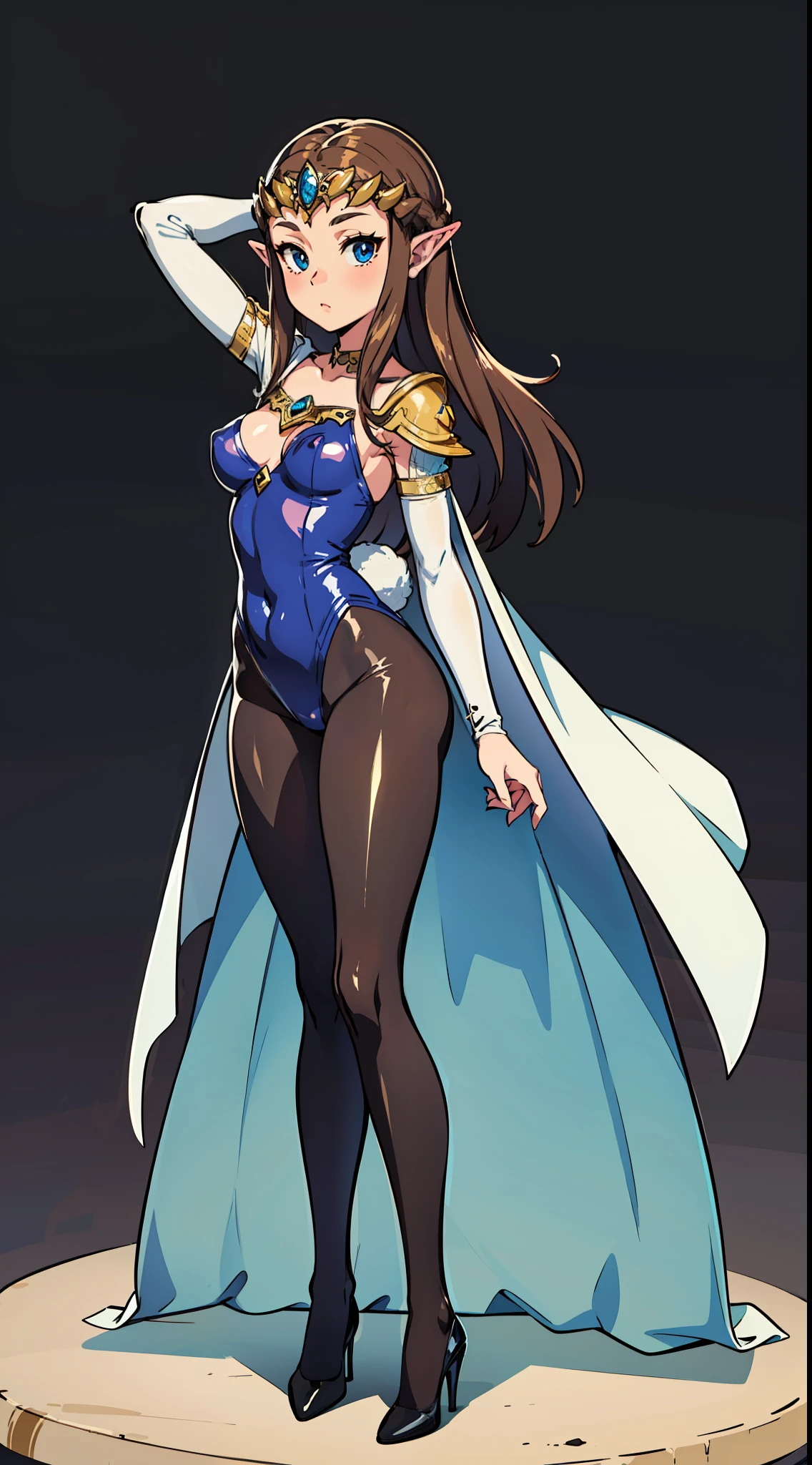 8K high quality, high accuracy, MILF, Princess Zelda, beautiful figure, beautiful face, small face, twilight princess, beautiful, bright, highlights in eyes, small ears, brown hair, super big breasts, beautiful line drawing. Black bunny suit, net tights on legs, shiny outfit, standing posture, eyes blue,