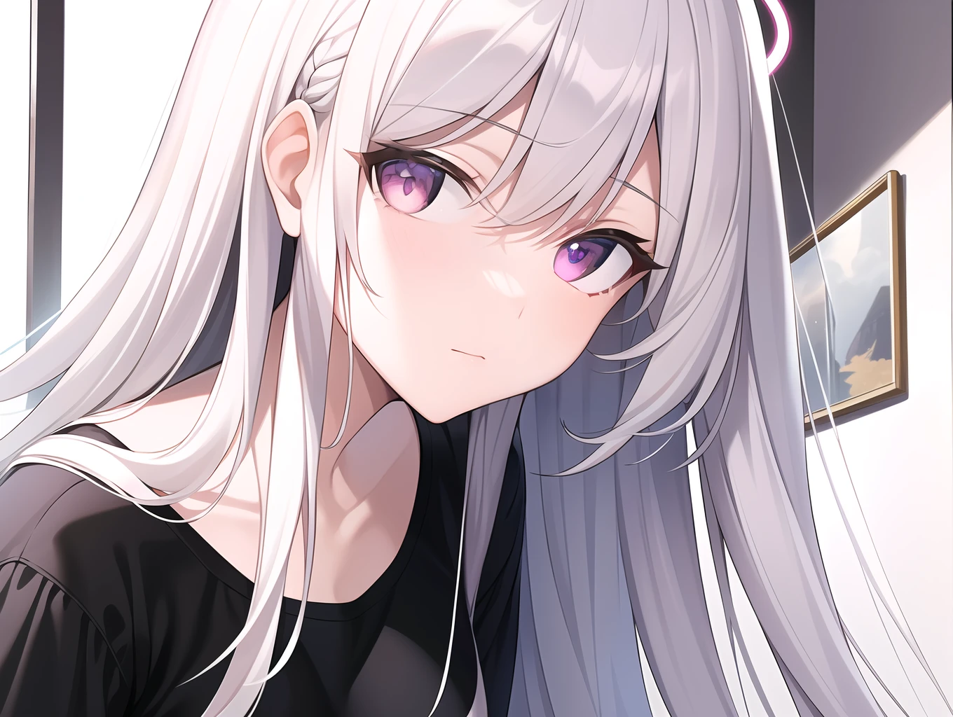 ((Masterpiece, Best quality))++, Detailed light+, Detail hair+, detail hand+ ,1girll, woman, Long hair, Crimson eyes, Beautiful eyes, Young gray hair,,(Beautiful white hair:1.5),(Beautiful detailed eyes), high resolution+, blacksilk , a black skirt, Glass tones, Reflective eyes, ((Halo)), {{Angle}} , extremelydetailedwallpaper, Original, ,