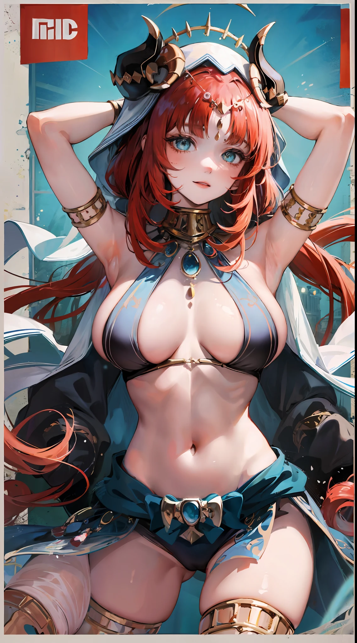 nilou ,red tinted hair,White silk shawl,Fleshy thighs,Poster publicity style,Pose,Simetall,C cup,Happy expression