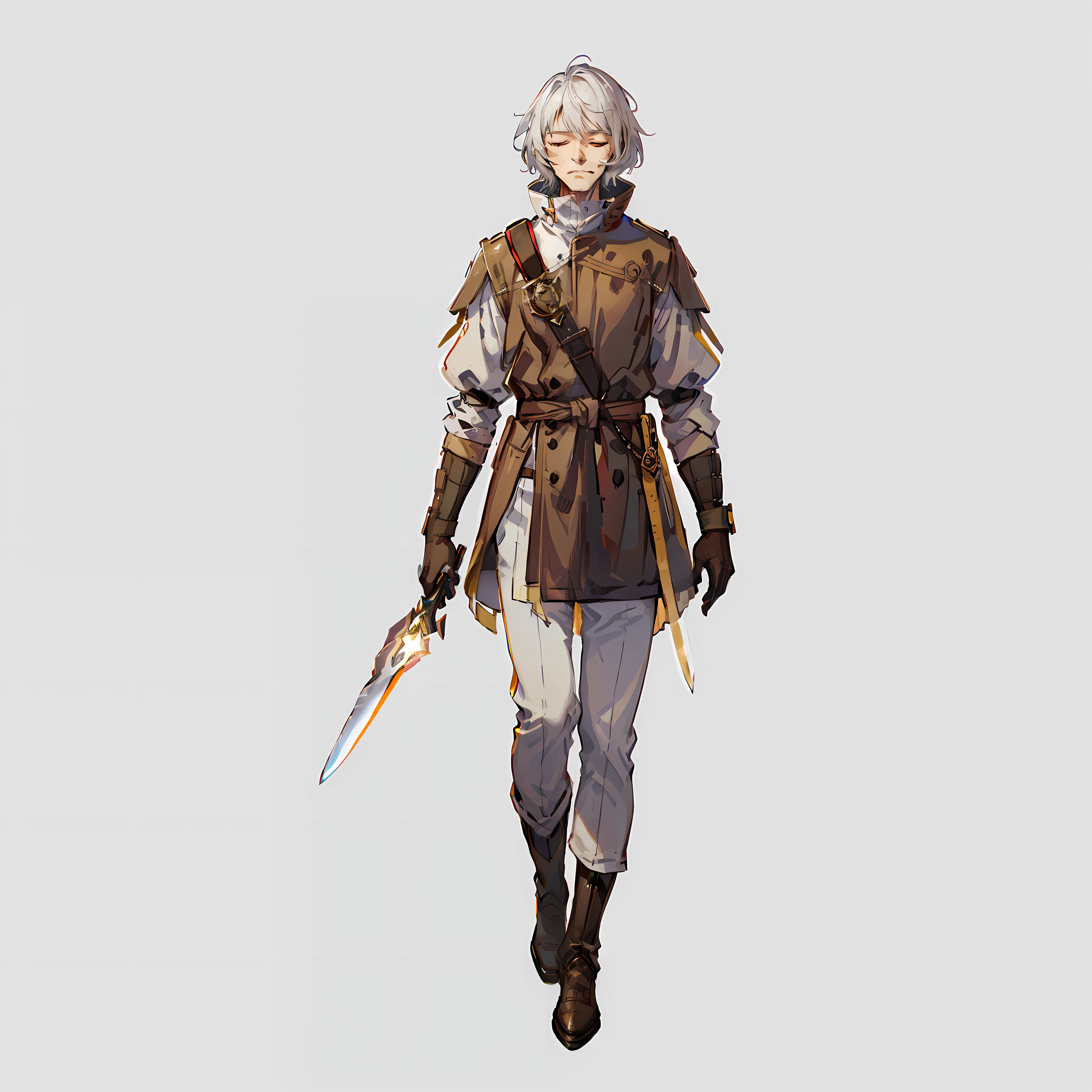 forerunner, Man's, Old Man, Brownish, No background, White background, Holding a wand, Holding a knife, Eyes closed, White hair, Full body shot, long boots, hickory