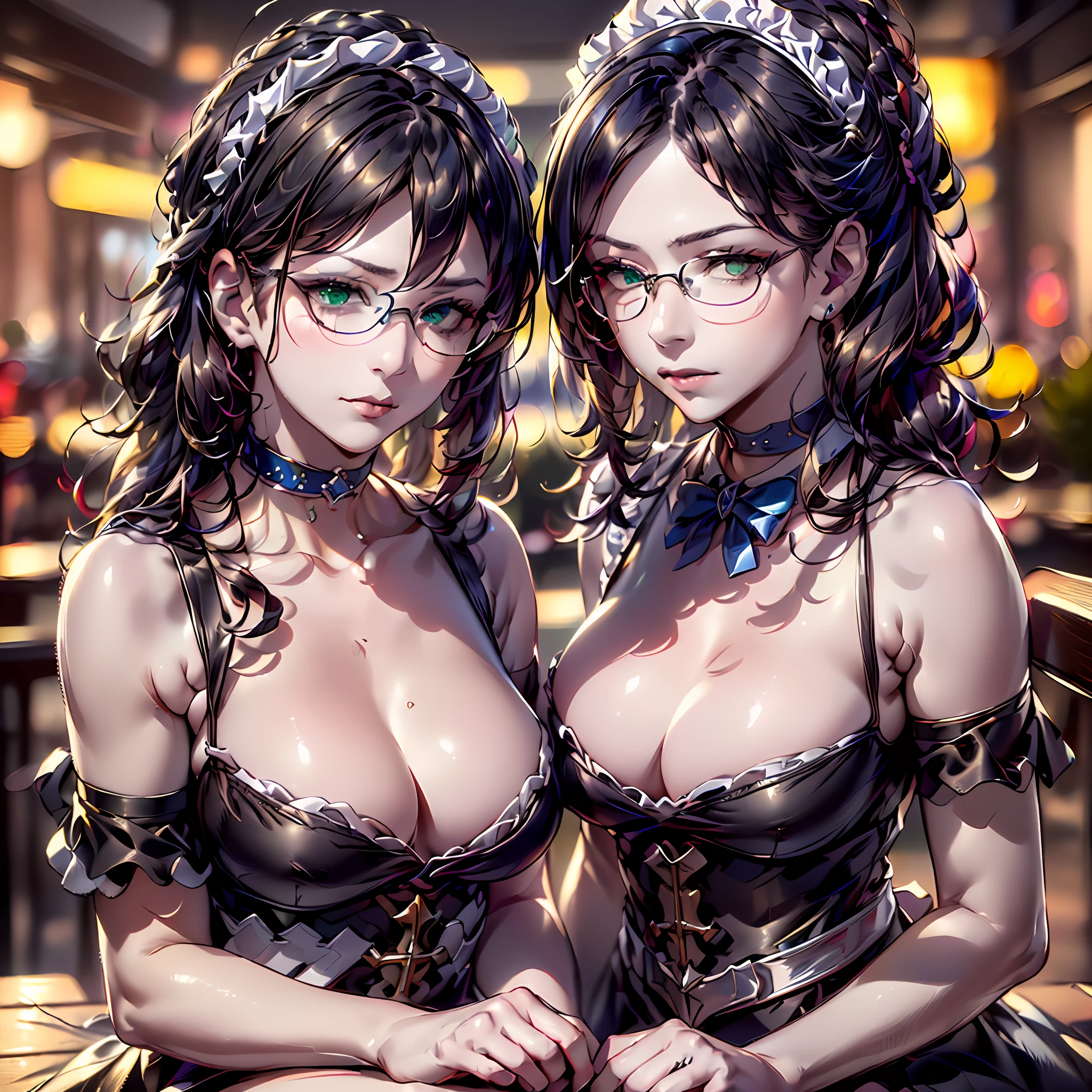(64k, RAW photo, highres, best quality, masterpiece:2.0), (ultra-fine depiction of the detail:2.0), (realistic, beautiful, photo-realistic:1.3), 2girls, sisters, (yuri alpha),  (long black hair, slightly messy), (slightly messy diagonal bangs:1.0), (single braid bun, double bun), (shiny black hair, blue-gray eyes), (cool glasses), (gothic style vivid blue choker), (blue bowtie and ribbon), (simple but high-quality maid dress), (elaborately designed, vivid dark emerald green, spiked gantlets), (solemn maid dress with gothic style coreset), (????????????, ???? cleavage), (elegant and handsome woman), (shiny skin, pink lips), (looking at the viewer), (closed mouth, a faint smile), (a caring, gentle gaze towards the viewer:1.2), (at a quiet bar counter, in the night, filled with solemn, mysterious atmosphere), (highly sophisticated professional HDR, with effective ambient occlusion, perfectly optimized effective spot light and front light:1.8), (perfect, natural, harmonious composition), (photo-realistic, ultra-detailed:1.5), ((portrait, cowboy shot:1.6))