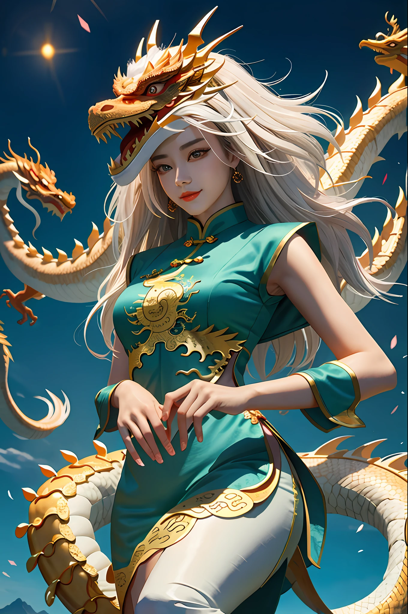 masterpiece, best quality, making friends with the Chinese dragon, fun, happy, bright, loong,