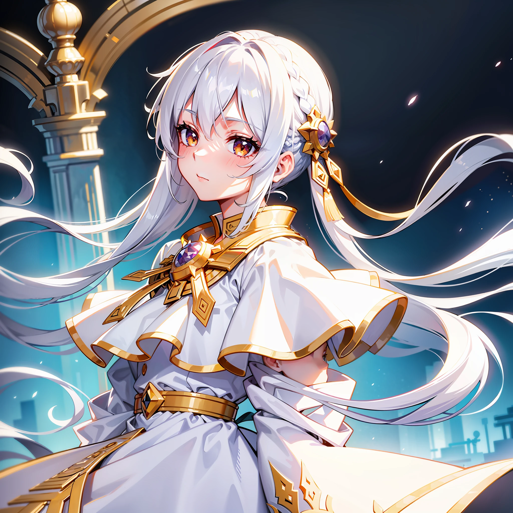 best quality, masterpiece,white hair, gold eyes,white clothes, looking up, upper body,hair strand,Fair skin,side braids