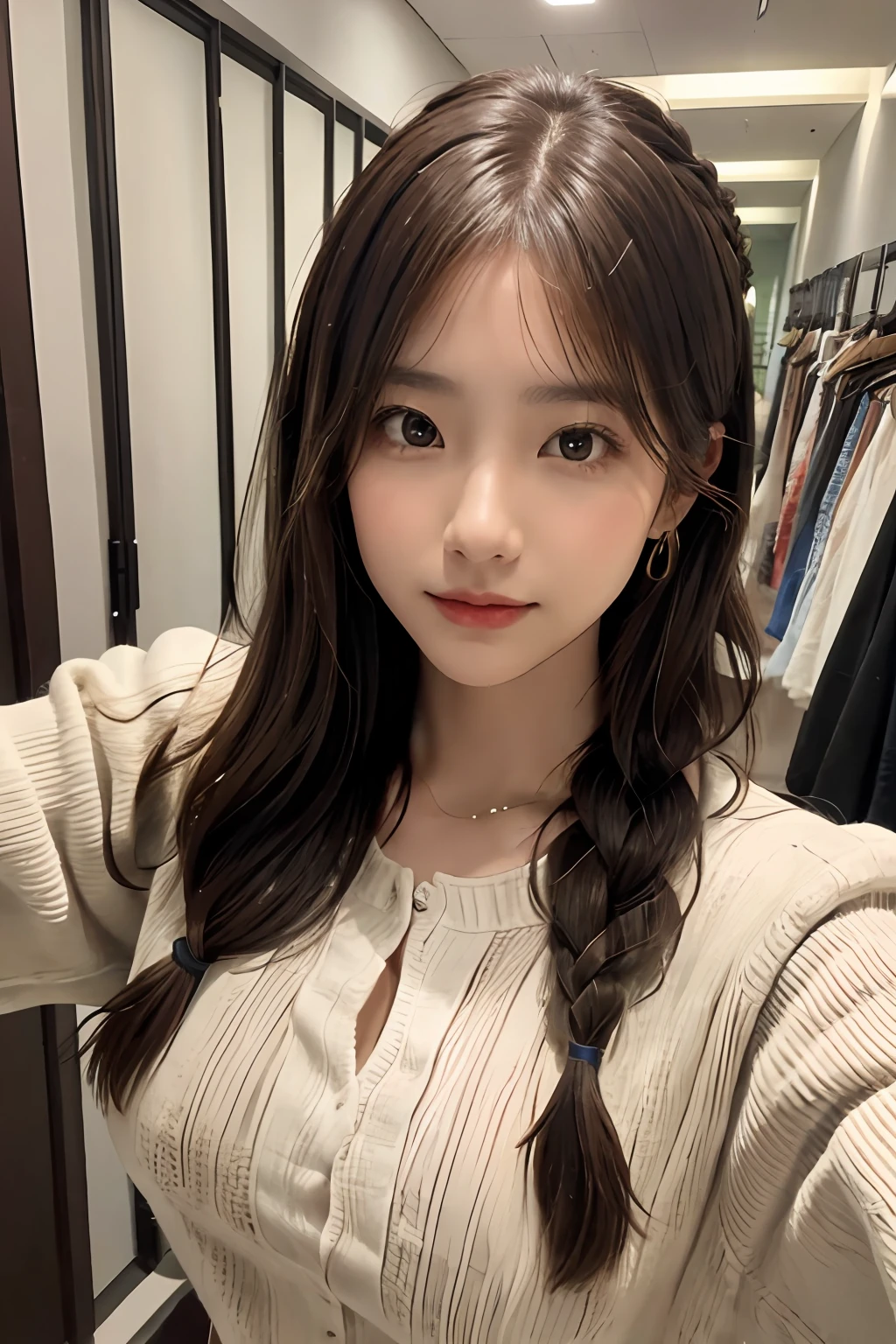 ((1girl in)),Light Brown Fringe Hair、Braided hair、disheveled hair、Light brown eyes、(dignified expression)、((Casual summer clothes))、(爆乳:1.4)、Emphasize the valley、fittingroom、Selfie、(Photorealsitic)、(intricate detailes:1.2)、(​masterpiece、:1.3)、(top-quality:1.4)、(超A high resolution:1.2)、超A high resolution、(A detailed eye)、(detailed facial features)