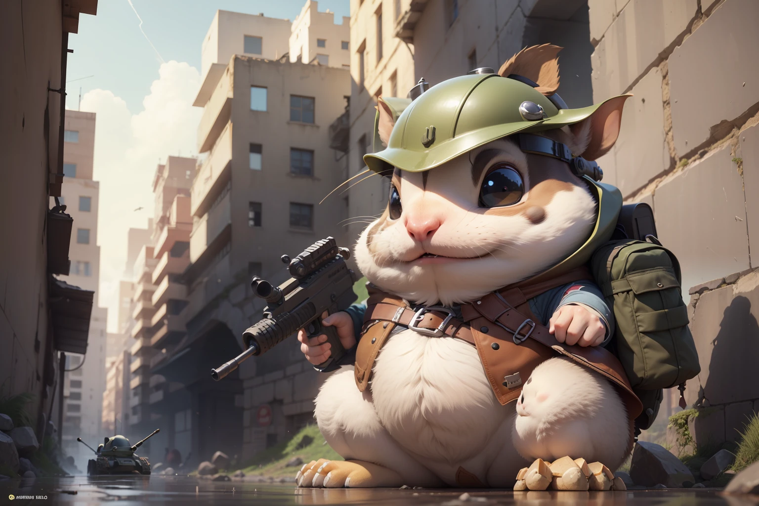 anthropomorphic turtle,Q version,Cute and cute,hairy pubic,(Humpty chipmunk squad:1.4),helmet,battle garment,guns,combats,Run,tanks,opening fire,Cartoon 3D,outside,A city destroyed by artillery fire,Stones,Collapsed walls,standing water,The hair is meticulously depicted,Dynamic lines,Works of masters,tmasterpiece,super-fine,Detailed pubic hair,Accurate,dynamic viewing angle