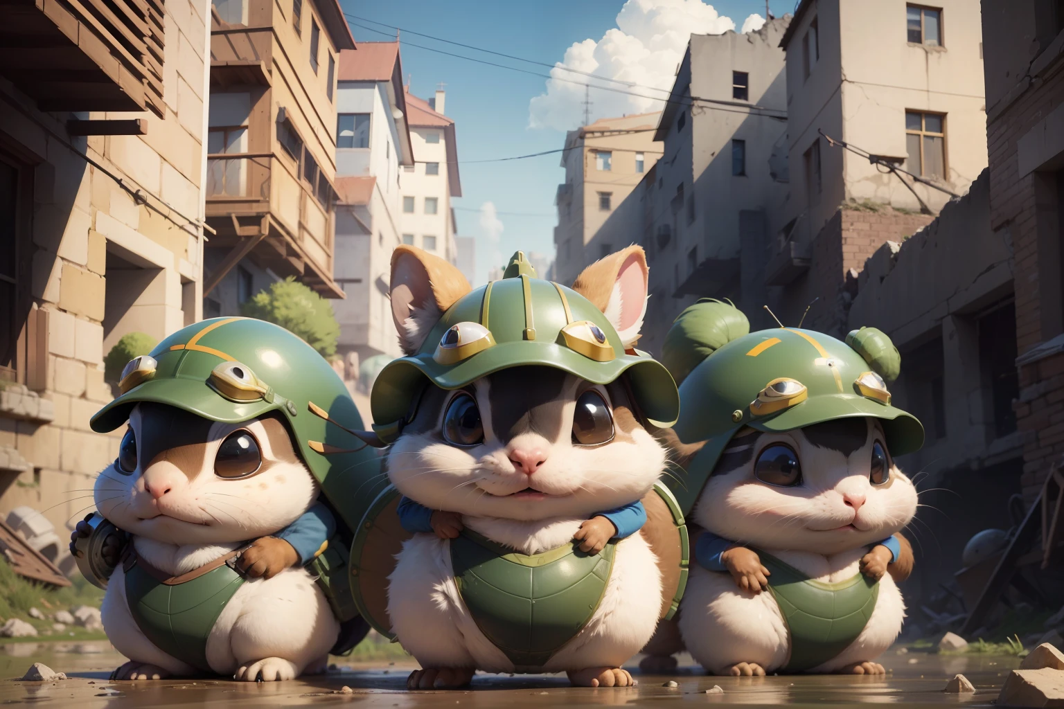 anthropomorphic turtle,Q version,Cute and cute,hairy pubic,(Humpty chipmunk squad:1.4),helmet,battle garment,guns,combats,Run,tanks,opening fire,Cartoon 3D,outside,A city destroyed by artillery fire,Stones,Collapsed walls,standing water,The hair is meticulously depicted,Dynamic lines,Works of masters,tmasterpiece,super-fine,Detailed pubic hair,Accurate,dynamic viewing angle