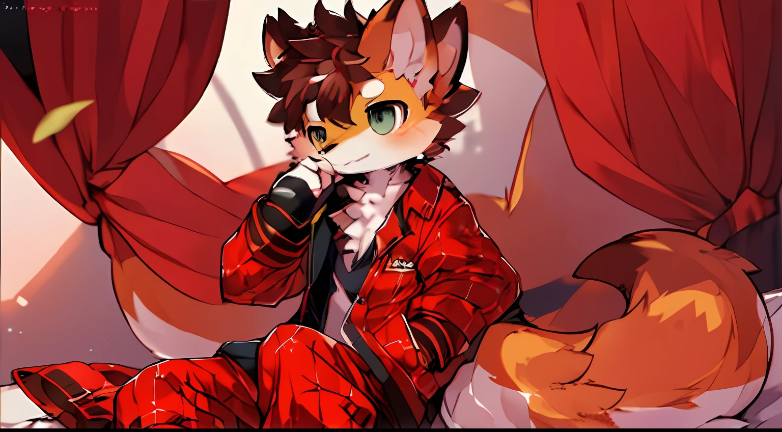 Style picture of a squirrel sitting on bed in pajamas, Shota，large tail，An expectant expression，A pleading expression，commission on furaffinity, very very beautiful furry art, furaffinity commission, squirrels, jazza and rossdraws, Furry art!!!, zerochan art, Colorful Squirrel City, Detailed fanart, fursona art, wearing fancy clothes, furry tail,