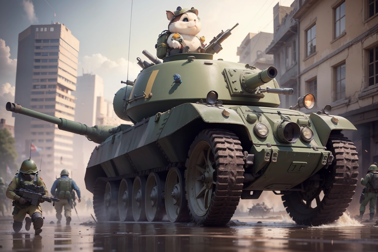 anthropomorphic turtle,Q version,Cute and cute,hairy pubic,(Humpty chipmunk squad:1.4),helmet,battle garment,guns,combats,Run,tanks,opening fire,Cartoon 3D,outside,A city destroyed by artillery fire,Stones,Collapsed walls,standing water,The hair is meticulously depicted,Dynamic lines,Works of masters,tmasterpiece,super-fine,Detailed pubic hair,Accurate,dynamic viewing angle