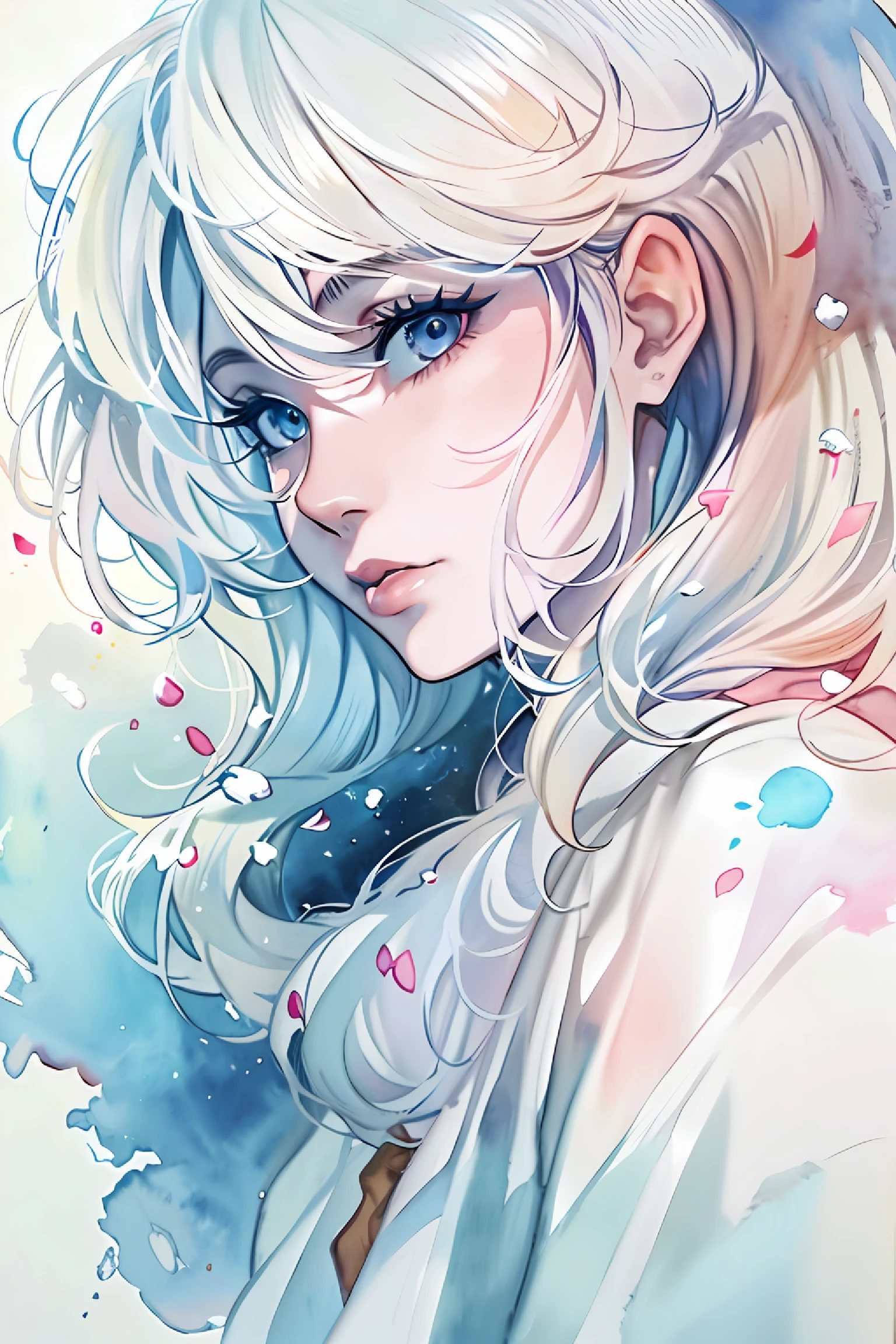 (highres, best quality:1.2), radiance, soft contours, beautiful drawing, upper body, concept art, detailed background, bright colors,
1girl, (8k, best quality, masterpiece:1.2),(best quality:1.0), (ultra highres:1.0), watercolor,    1girl, kyoani haruhi style,  white hair, (Witch Outfit), snow powers, smoky eyes, blue white color scheme,  by agnes cecile, half body portrait, extremely luminous bright design, pastel colors, (ink:1.3),  traditional media, watercolor \(medium), watercolor background