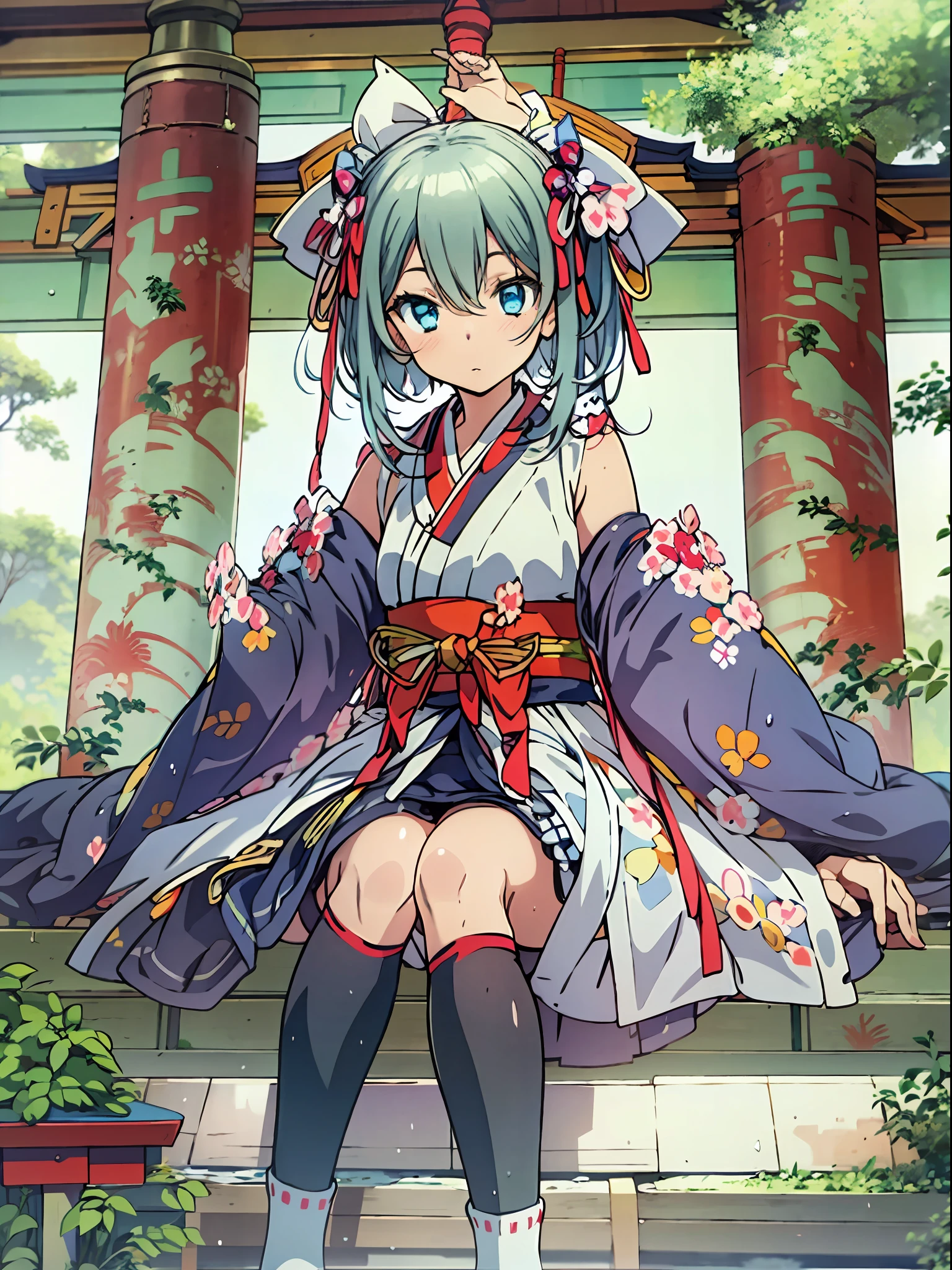 best quality, Detailed drawing, High resolution, HD, 4K, 1girl(solo, cute, kawaii, flat body, deep blue eyes, low twin tails, pale green shorthair):1.4, (red based Japanese shrine maiden's ceremonial dress, (short length):2, moe, bare shoulders, Detached sleeves)1.4, Knee socks, Absolute Area, Shinto shrine, hyper real, rich colored, detailed delicate cell anime work, beauty upper body shot, Glossy highlights that look like wet,