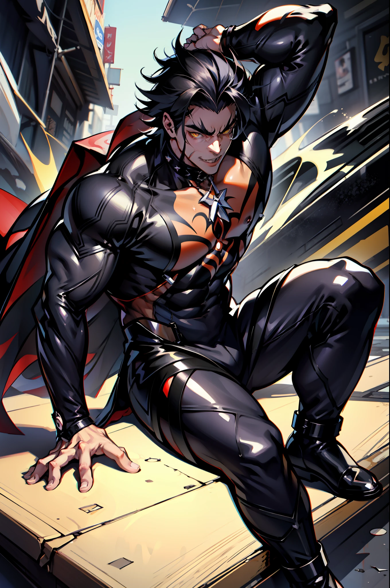 《the original god》Arataki Kazuto , male people， chest muscle， Sexy , Venom symbiote for your body, Black mucus of the body , into venom, venomize，Black bodysuit，（Cloak），Red cape，Abs，（Adult male）（（Venom possession，venom symbiote）），over-Tortoise Man，Battle damage，((Masterpiece)), ((Best quality)), Ultra detailed,((illustration)), Dynamic Angle, Detailed light, (Delicate eyes), Floating, 1boy, Male focus, Head, Clothing, Yellow eyes, necklace, tattoo, (Forehead:0.8), (ahoge:0.8), jewelry, brunette color hair,apathy，Ray， chest muscle， Sexy , Venom symbiote for your body, Black mucus of the body , （into venom）, Venom，frontage，Bust photo，White tight-fitting top，spiderman outfit，style of anime4 K， 4K anime wallpaper， Badass anime 8 K， 4 k comic wallpaper， young anime man， Anime boys， Anime wallpapers 4 k， Anime wallpaper 4K， High quality anime art style， Anime moe art style， Anime art wallpaper 8 K， Anime art wallpaper 4 K， RGB lighting
