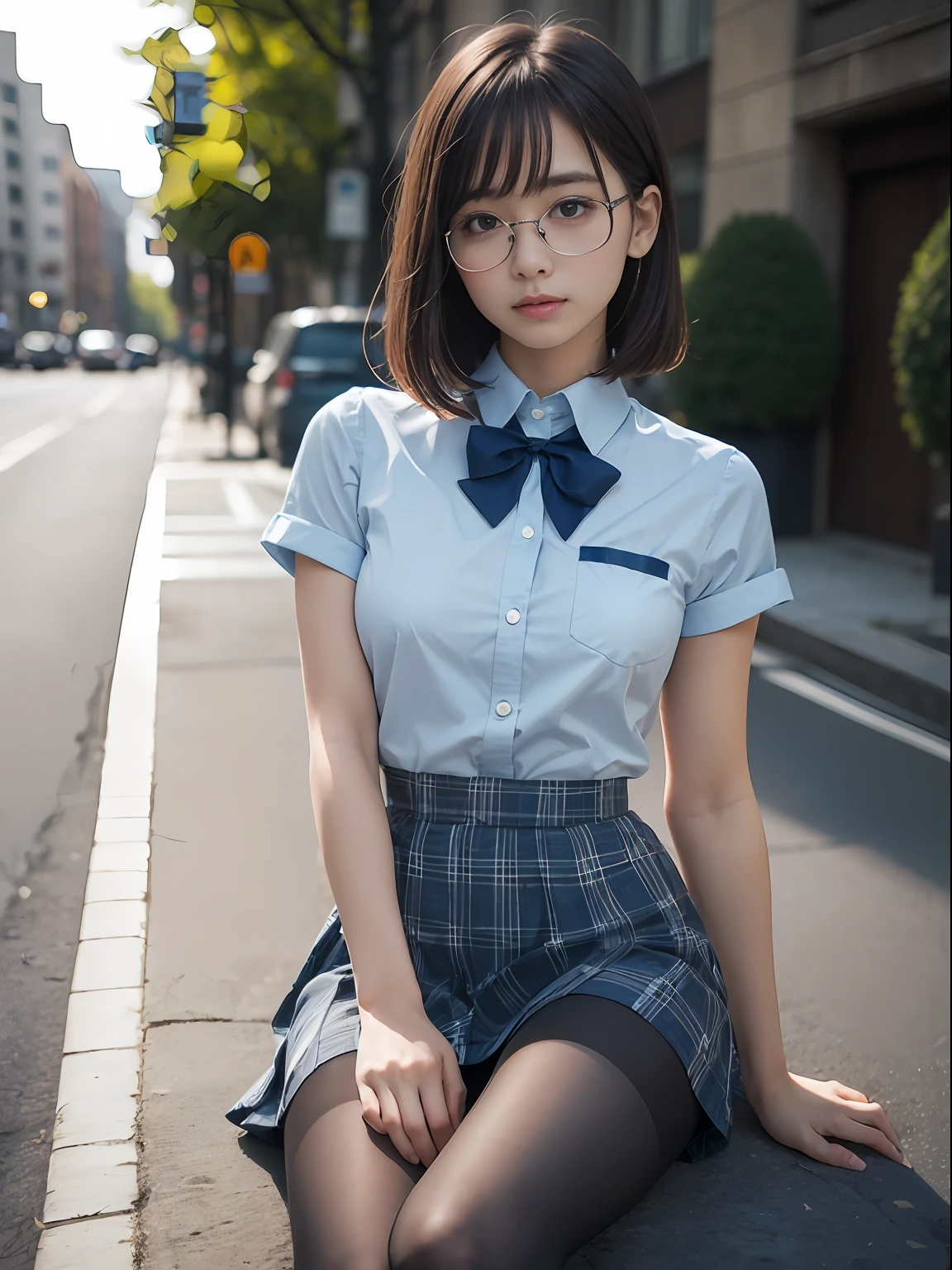 (8K、Raw photography、top-quality、masterpiece:1.2),Erotic,Pupils,Light Blue Bra,de pele branca,kne,(Black pantyhose),absurderes,a small face,small tits,flat breast,Parting the bangs from the middle、Forehead visible,(a cold expression<Tight eyes,glares,Bullish,skinny,Rasping,irate)、masterpiece,top-quality、超A high resolution,Raw photo,ren,Beautiful fece,One Person, 独奏,eye glass,,Dark look,Small breasts,fullllbody,Round glasses、cute little、JK school uniform,hi-school girl,A Japanese Lady,is standing,(Photorealsitic:1.37)、Photon mapping,Light blue ribbon,Realistic、Cute little face,Brown-eyed、Black socks、(Red bow tie)、Radio City、Physically Based Rendering、Foreground、depth of fields、Blurry background、a picture,The girls、Body,beauty legs, Long legs, Thin leg,Long bob cut,(Bangs are visible), hair, s lips, Blue_The eye, nosesoft,(Light blue shirt), (Navy and blue and white plaid pleated skirt), Knees are visible,Sheer clothing,, Thigh, Black cotton socks,Nogizaka Idol, 女優, Japanese ido