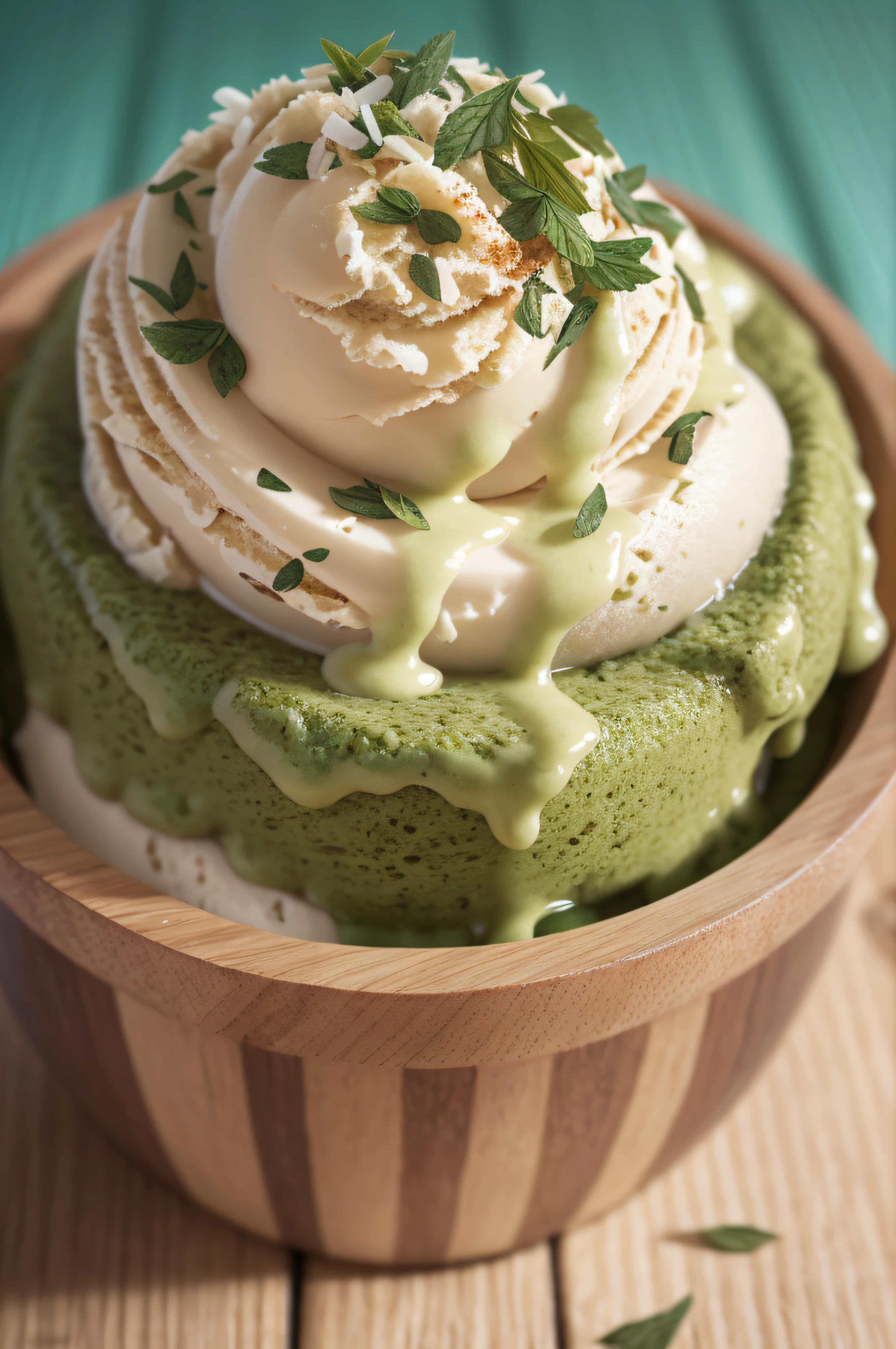 A tantalizing food photo of Vegan Coconut Matcha Ice Cream, advertising product shot, best quality, masterpiece, high resolution, illustration, best camera angle front view, high quality, 4k, UHD, Randy Post, hyper-realistic", "super realistic", high-resolution photo --auto --s2