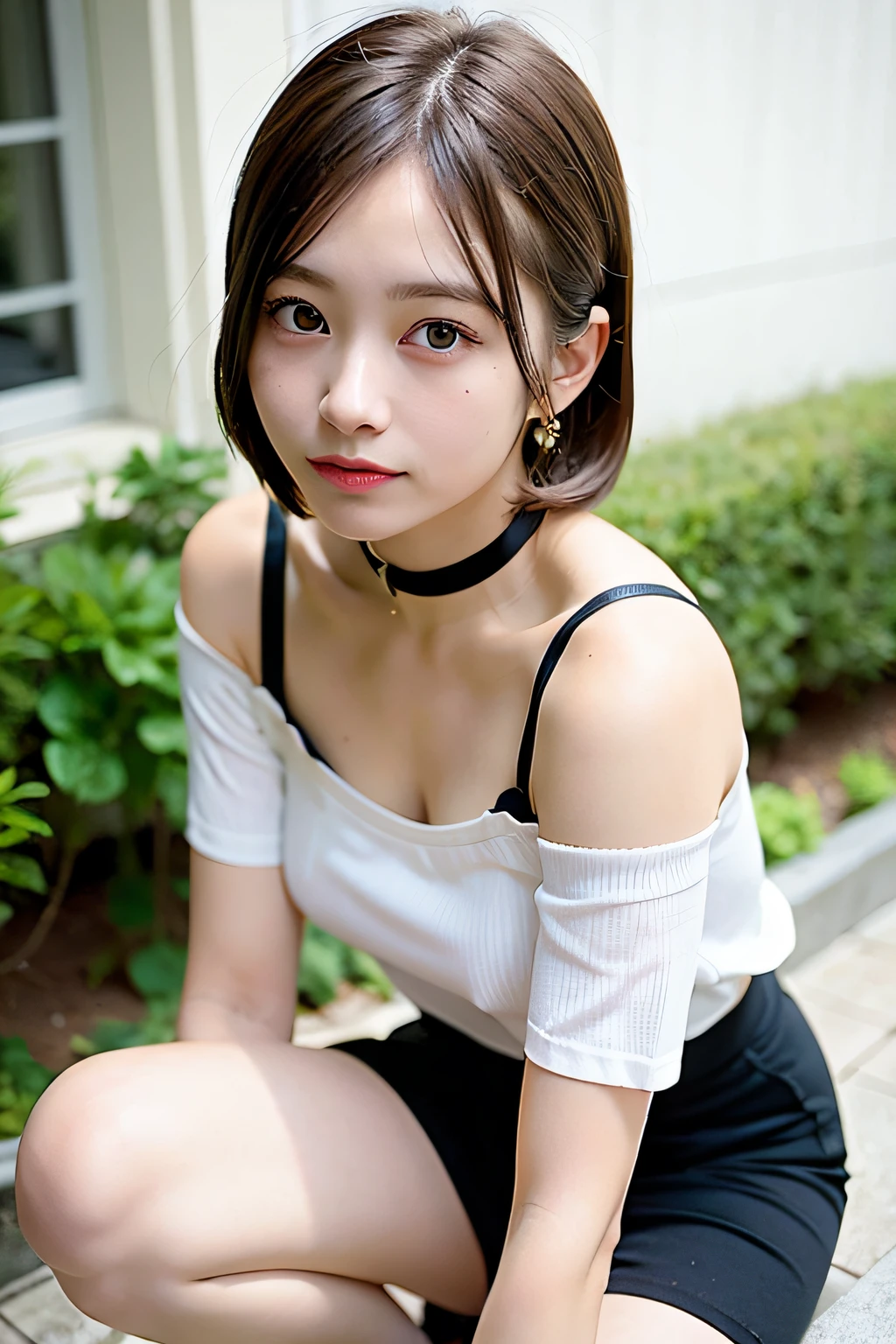 top-quality、超A high resolution、(Photorealsitic:1.4)、女の子1人、Off-shoulder white shirt、Black tight skirt、Black Choker、(faded ash gray hair:1)、(small tits:1.2)、looking at viewert、a closeup、a gorgeous(Bery short hair、Forehead:1.2)、From the knee up:1.4,Choker band on wrist、