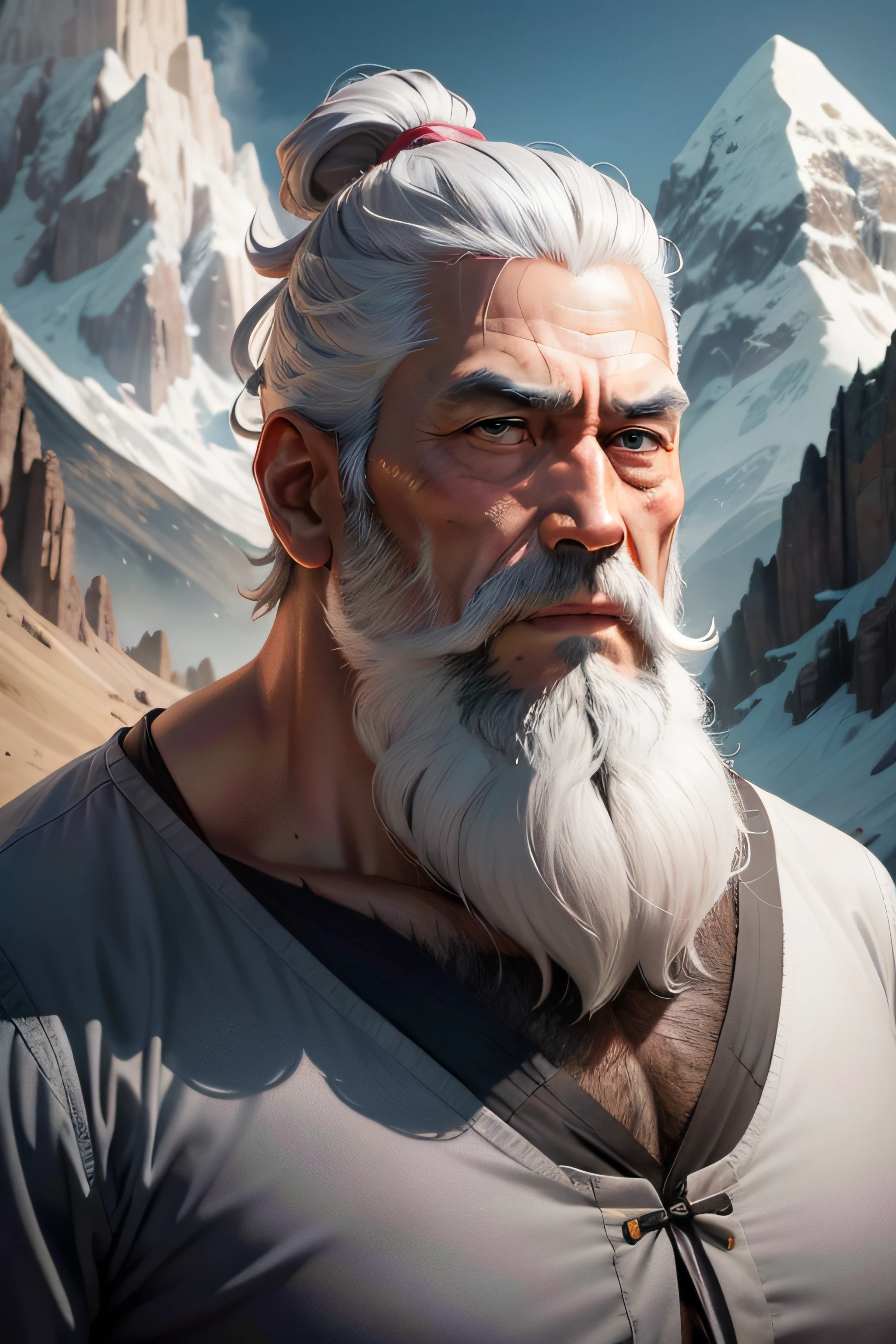 Asian faces,The body is thin, and a man with a beard and a short blouse stands in front of the mountain, He has a beard,With gray hair, dark grey haired man, bushy white beard, short white beard, , gray hair and beard, neat white beard and hair,Asian faces,The body is thin,8K quality ,hyper HD