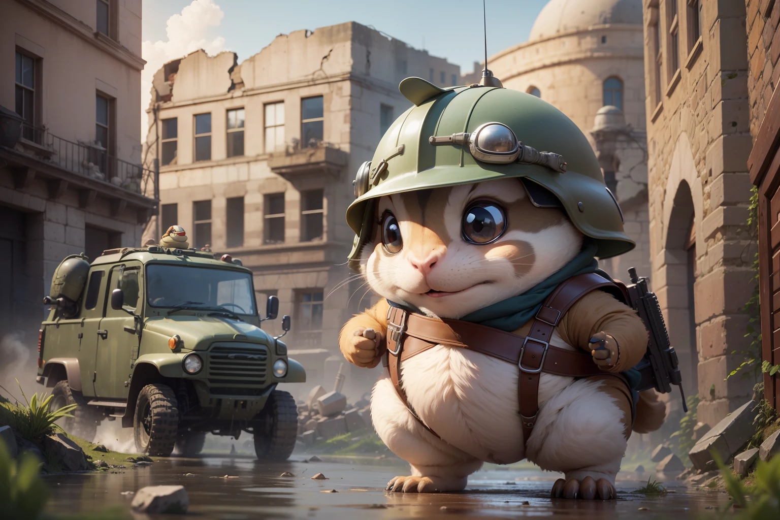 anthropomorphic turtle,Q version,Cute and cute,hairy pubic,(Humpty chipmunk squad:1.4),helmet,battle garment,guns,combats,Run,tanks,opening fire,Cartoon 3D,outside,A city destroyed by artillery fire,Stones,Collapsed walls,standing water,The hair is meticulously depicted,Dynamic lines,Works of masters,tmasterpiece,super-fine,Detailed pubic hair,Accurate,dynamic viewing angle